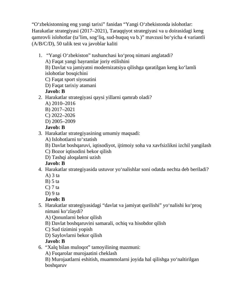 Oʻzbekistonning eng yangi tarixi fanidan 10-test 1