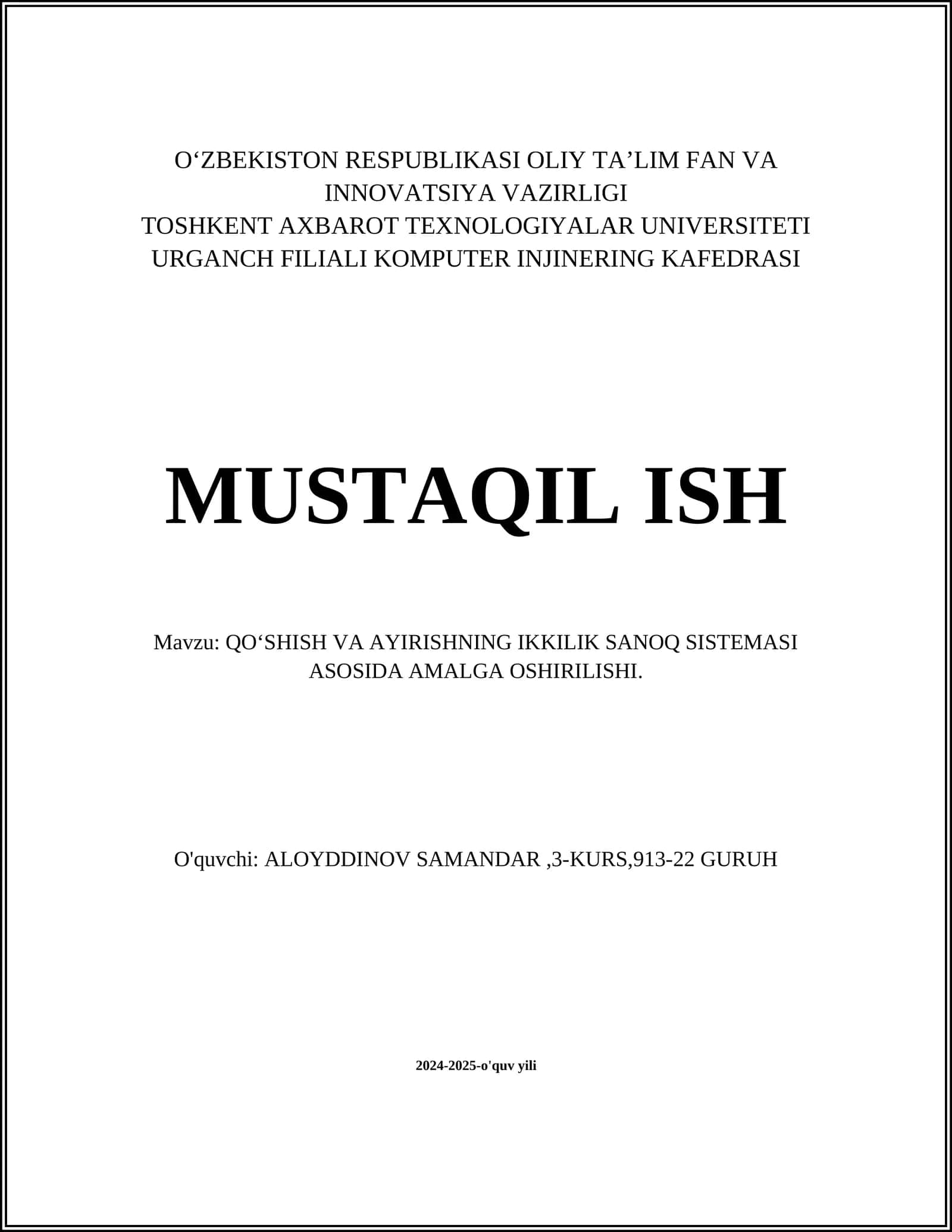 Qo‘shish va Ayirishning Ikkilik Sanoq Sistemi Asosida Amalga Oshirilishi 1