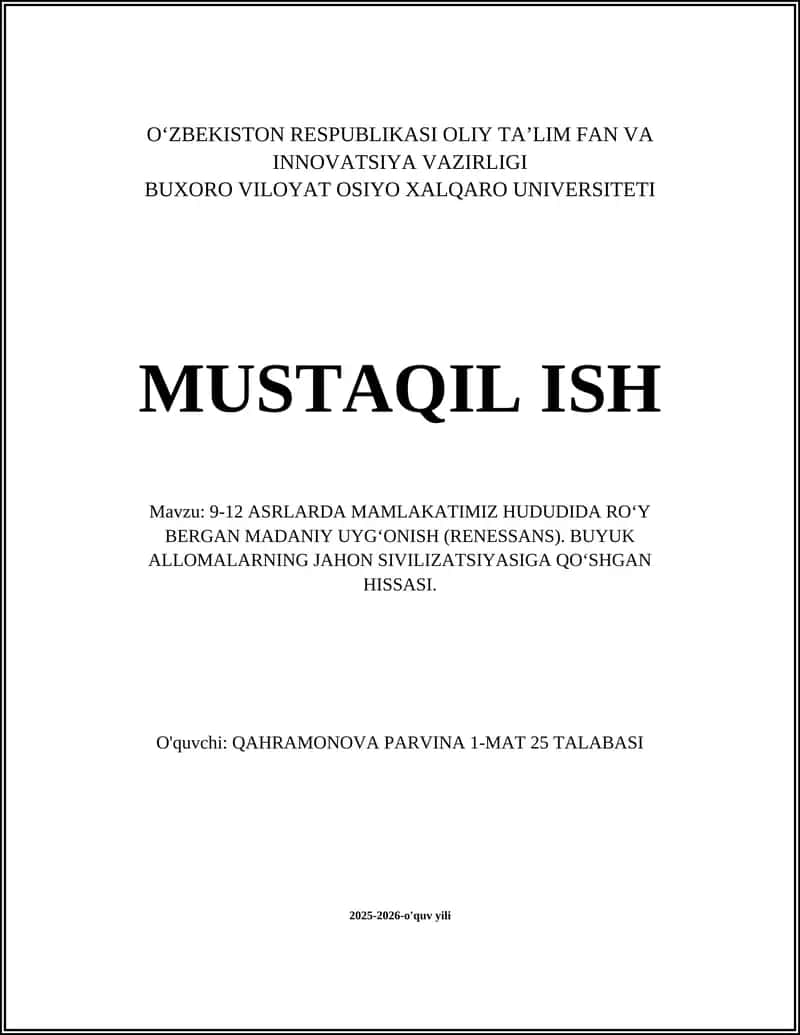 Samanidlar davrida (9–10 asrlar) Buxoro va Samarqanddagi madaniy uygʻonish 1