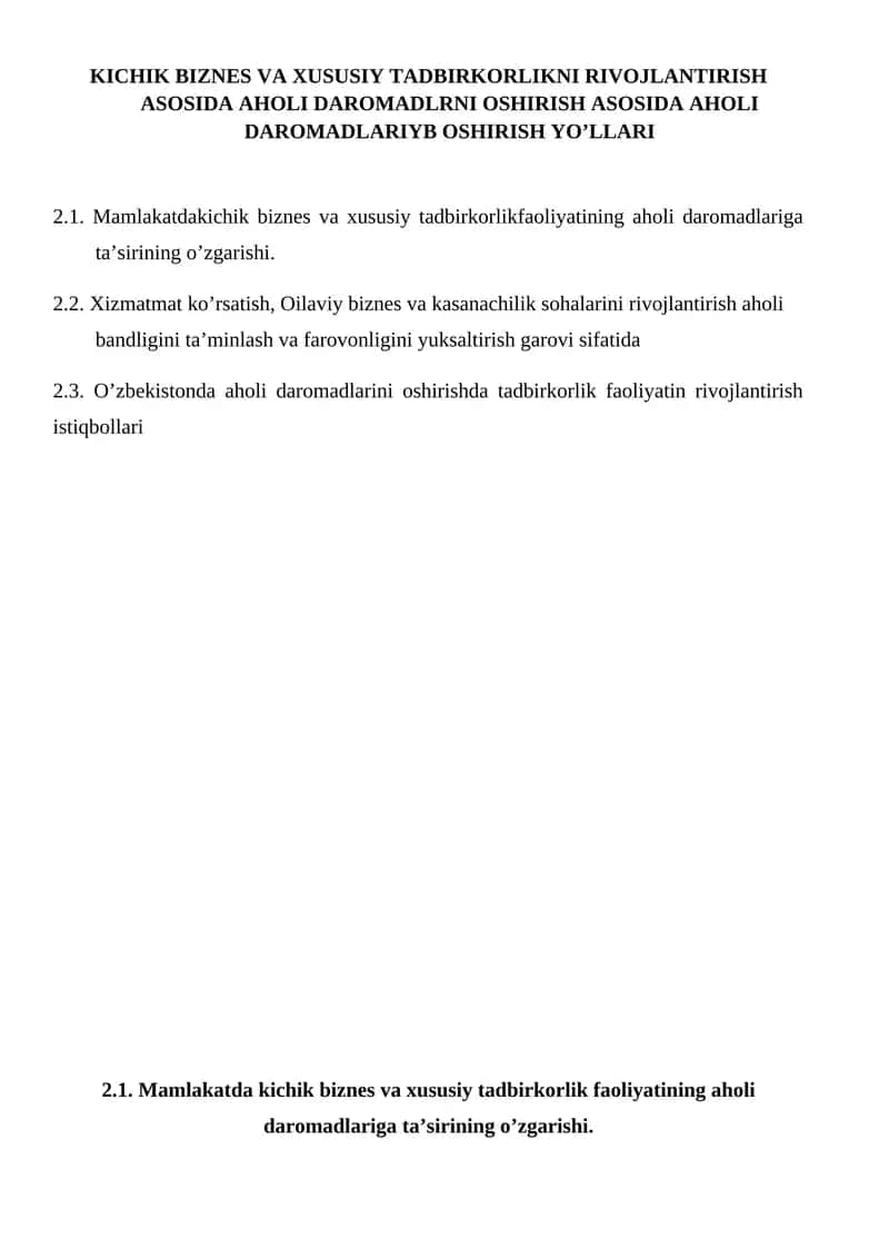 Kichik biznes va xususiy tadbirkorlik faoliyatining aholi daromadlariga ta’sirining o’zgarishi. 1