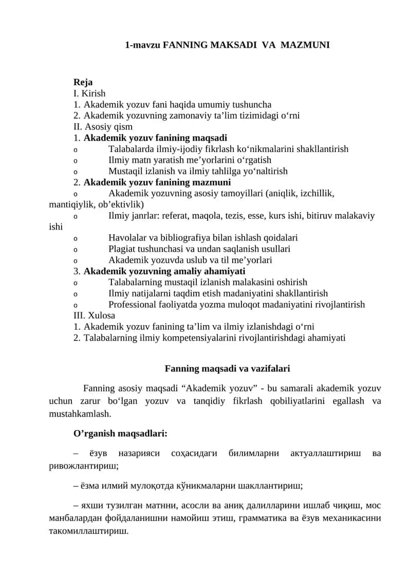 Akademik Yozuv Fanining Maqsadi va Mazmuni 1