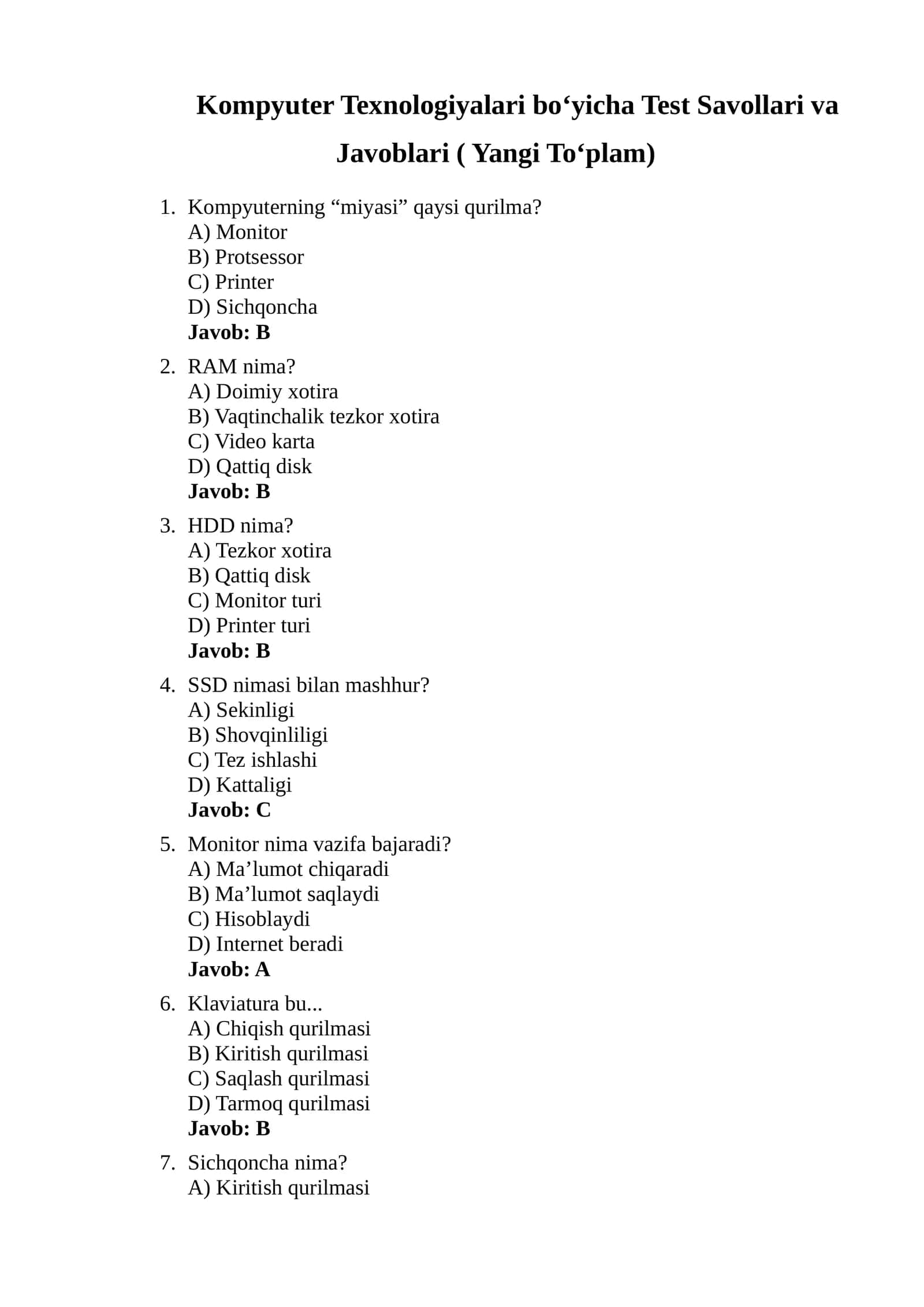 Kompyuter Texnologiyalari bo‘yicha Test Savollari va Javoblari ( Yangi To‘plam) 1