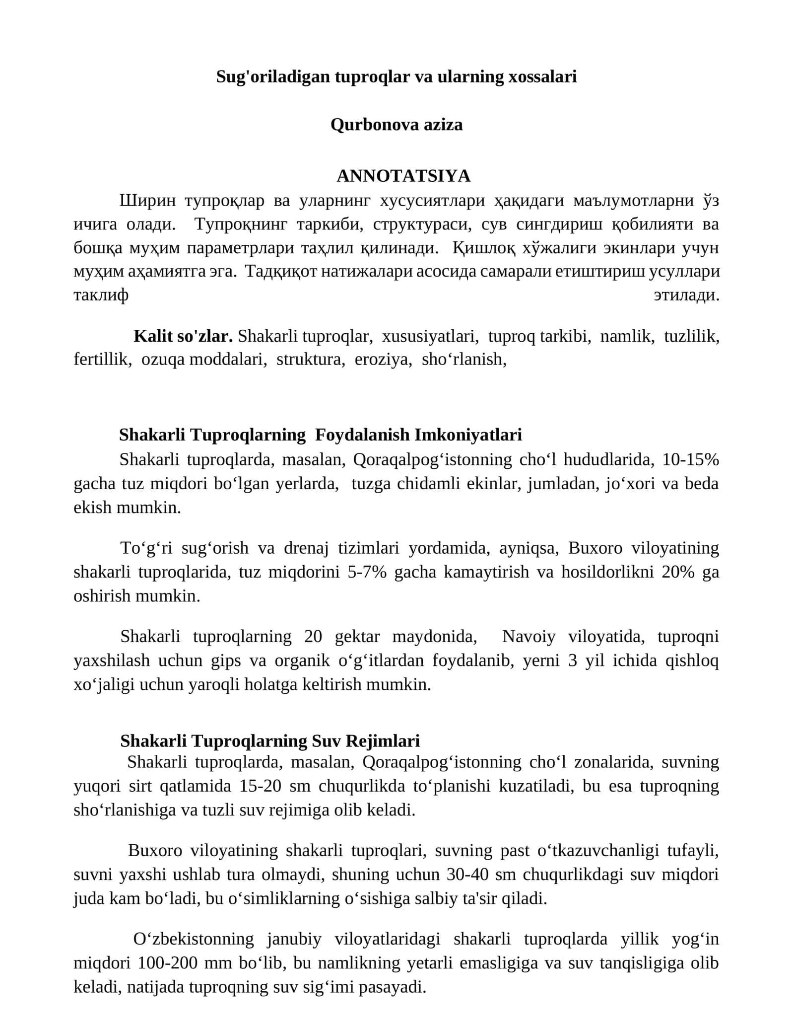 Shakarli Tuproqlarning Foydalanish Imkoniyatlari 1