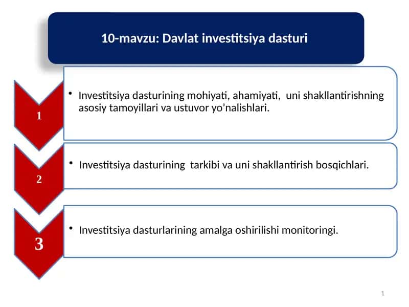 Investitsiyadasturiningmohiyati,ahamiyati,unishakllantirishningasosiytamoyillarivaustuvoryo’nalishlari 1