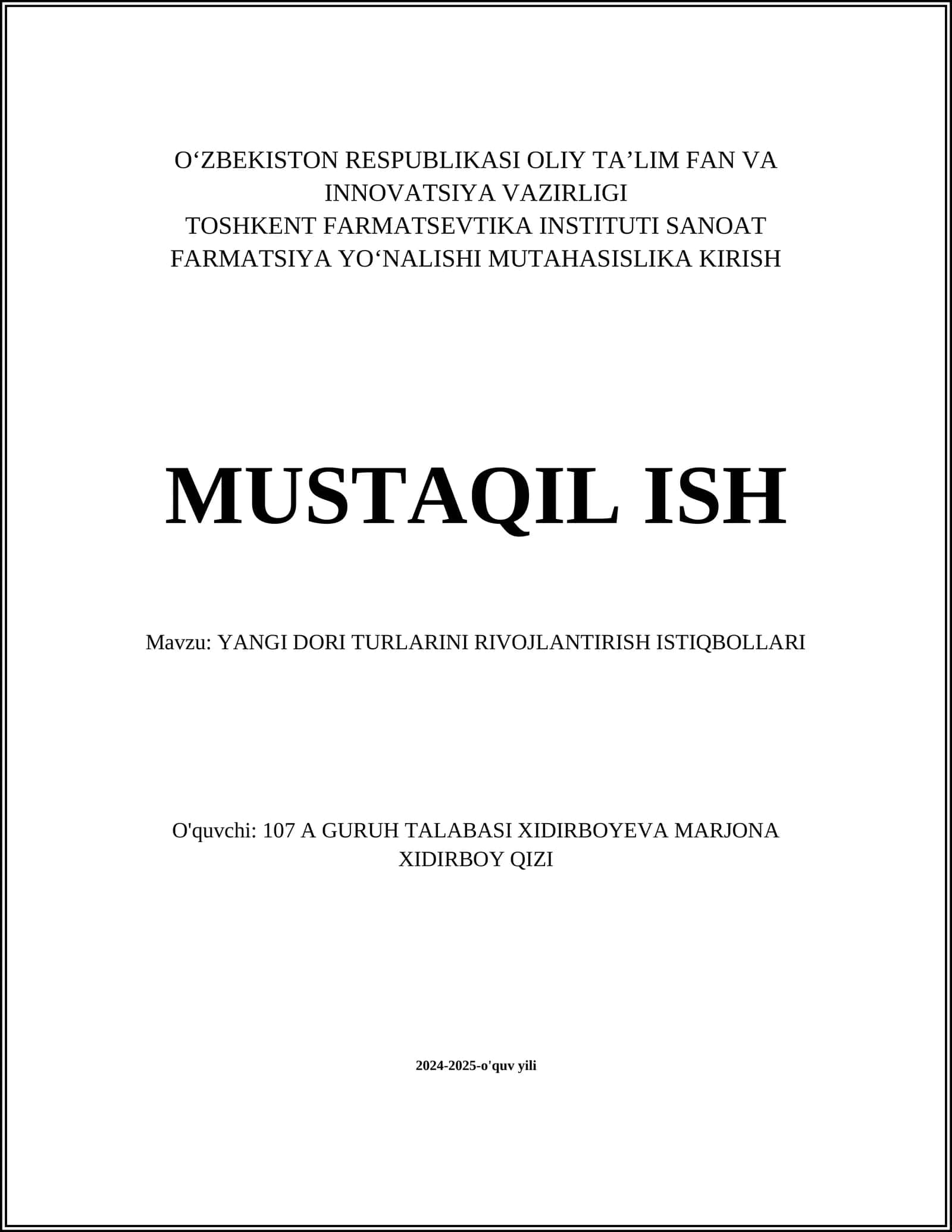 Sanoat Farmatsiya Yonalishi Mutahasislika Kirish 1