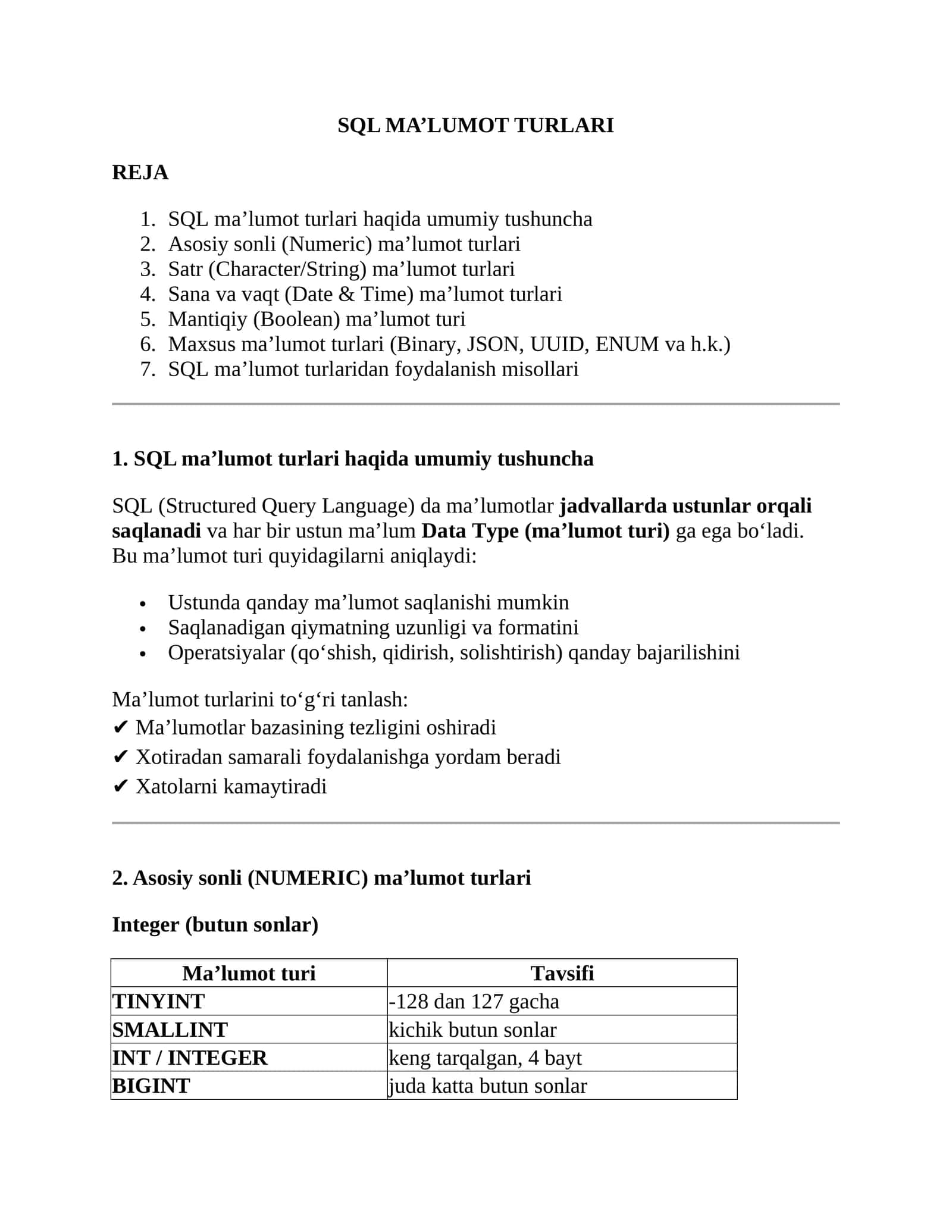 SQL MA’LUMOT TURLARI 1