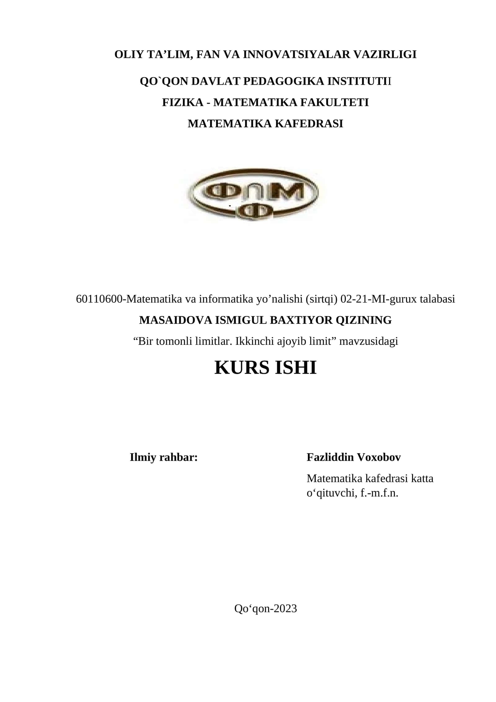 "Bir tomonli limitlar. Ikkinchi ajoyib limit" mavzusidagi KURS ISHI 1