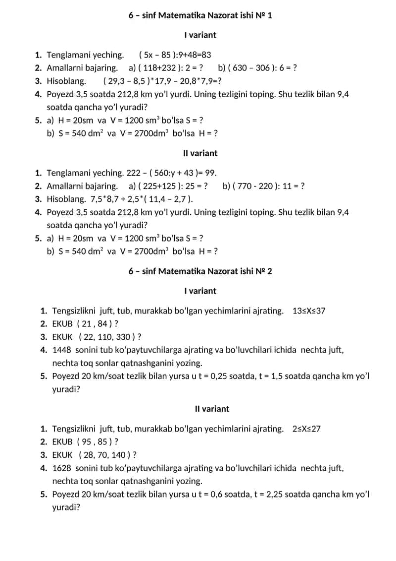 6-SINF MATEMATIKA YOZMA ISH 1