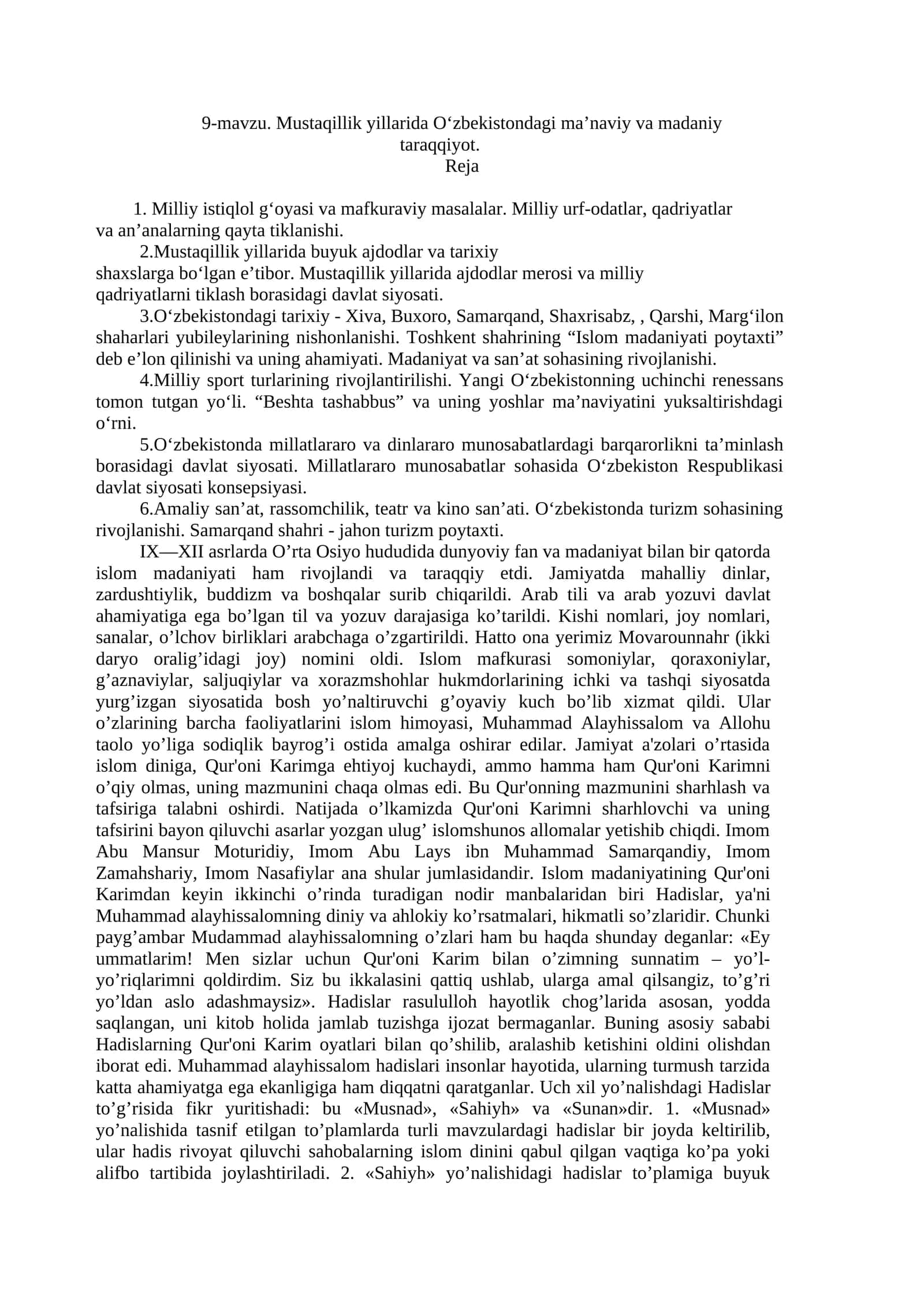 9-mavzu. Mustaqillik yillarida O‘zbekistondagi ma’naviy va madaniy taraqqiyot 1