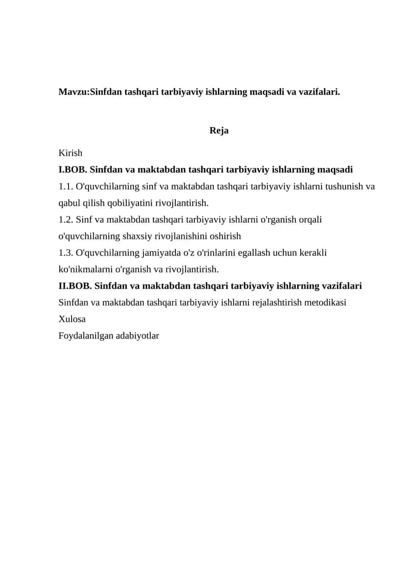 Sinfdan tashqari tarbiyaviy ishlarning maqsadi va vazifalari. 1