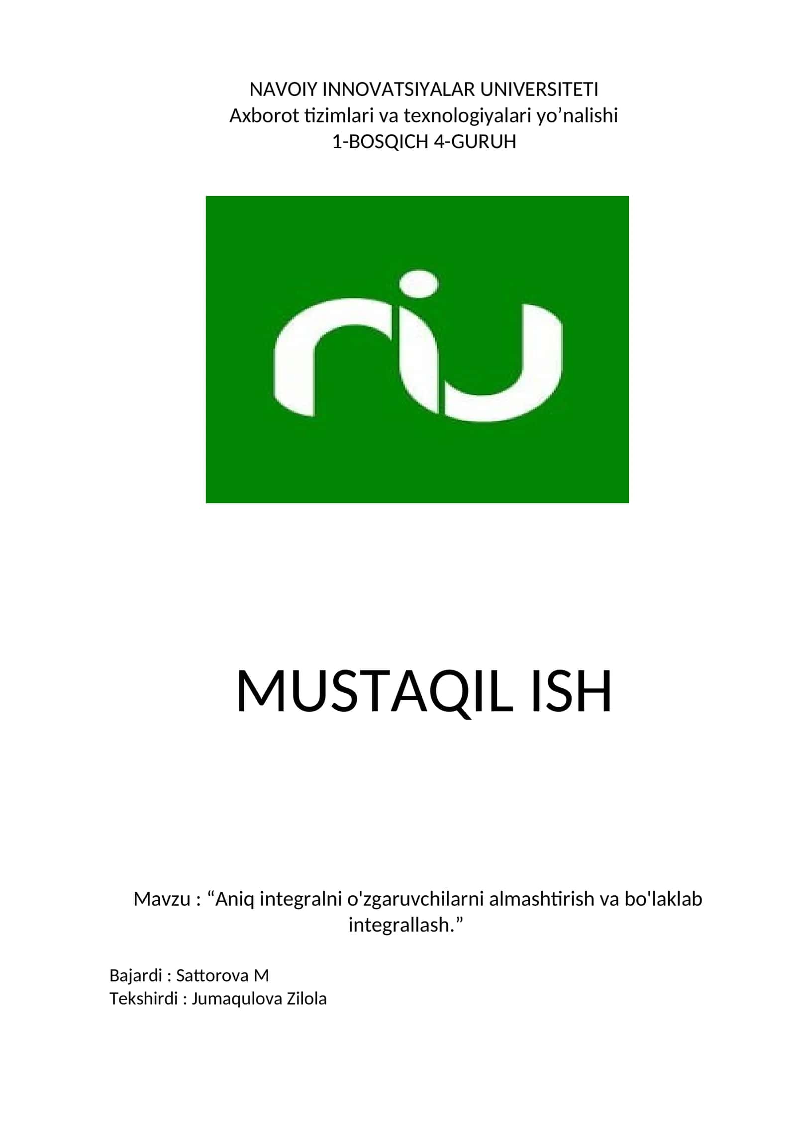 Aniq integralni o'zgaruvchilarni almashtirish va bo'laklab integrallash 1