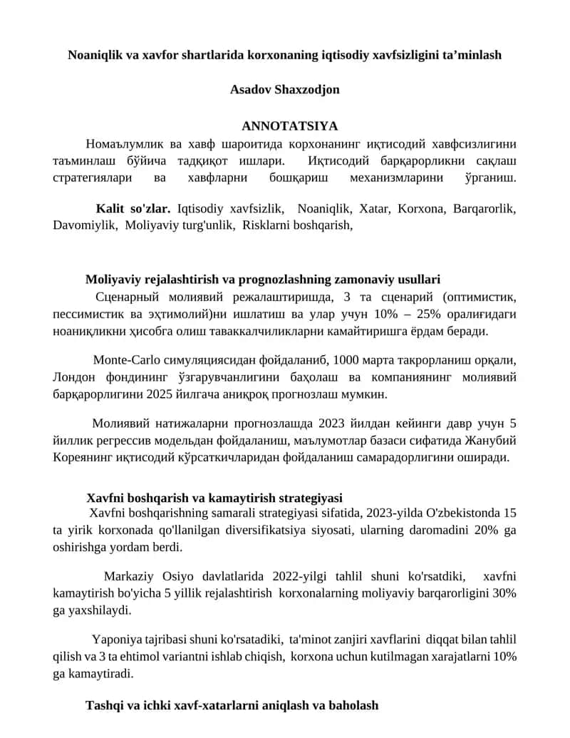 Noaniqlik va xavfor shartlarida korxonaning iqtisodiy xavfsizligini taʼminlash 1