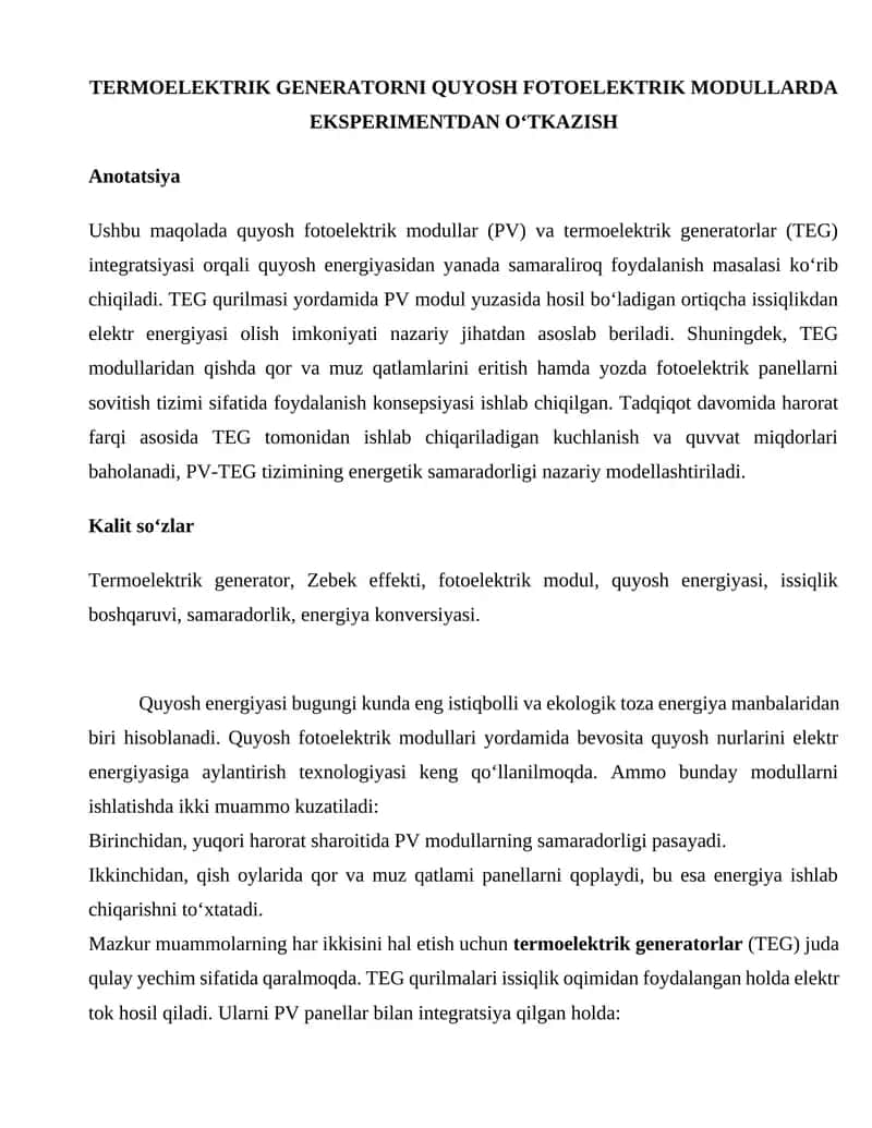 Quyosh Fotoelektrik Modullar va Termoelektrik Generatorlar Integratsiyasi 1