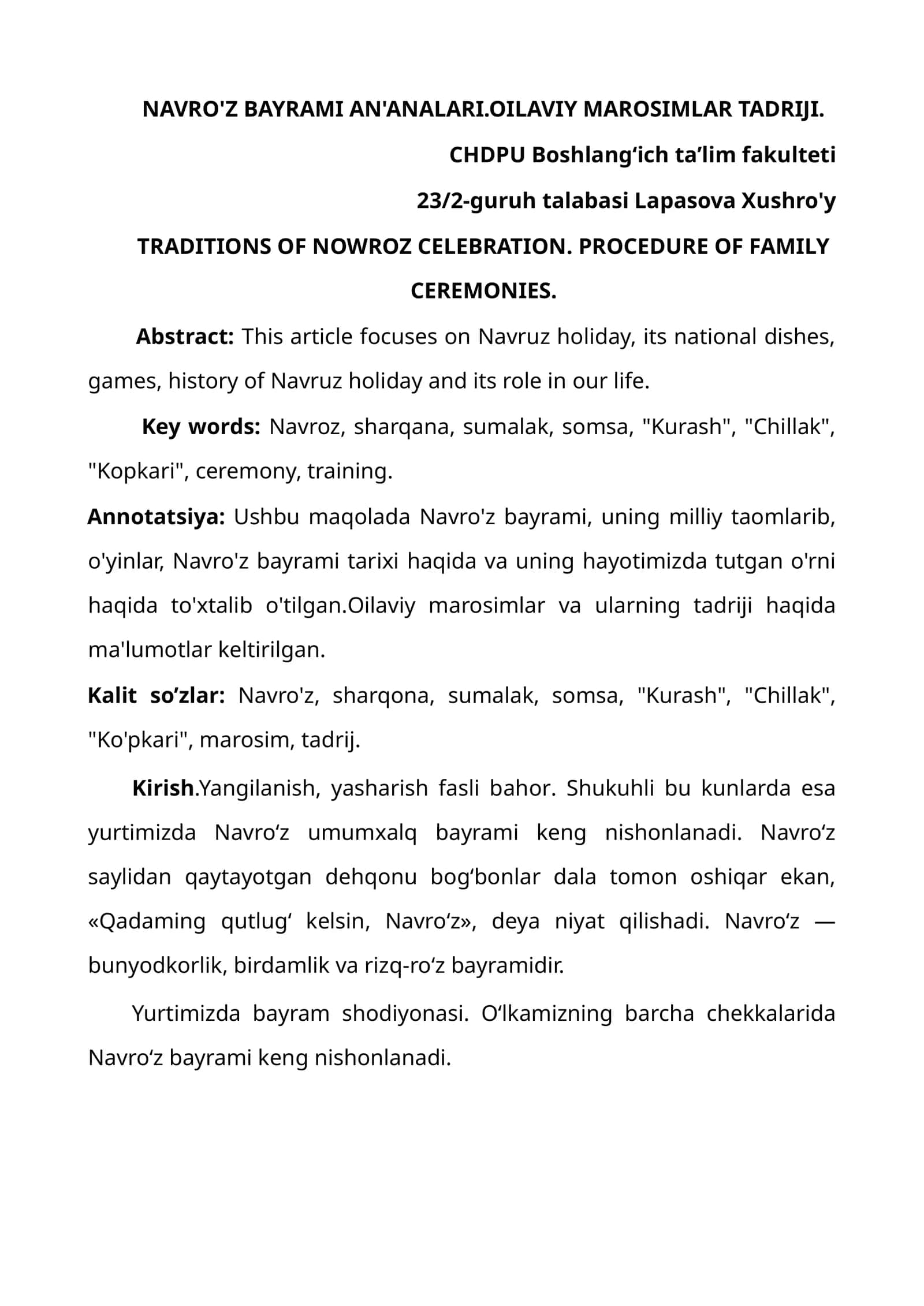 NAVRO'Z BAYRAMI AN'ANALARI.OILAVIY MAROSIMLAR TADRIJI 1
