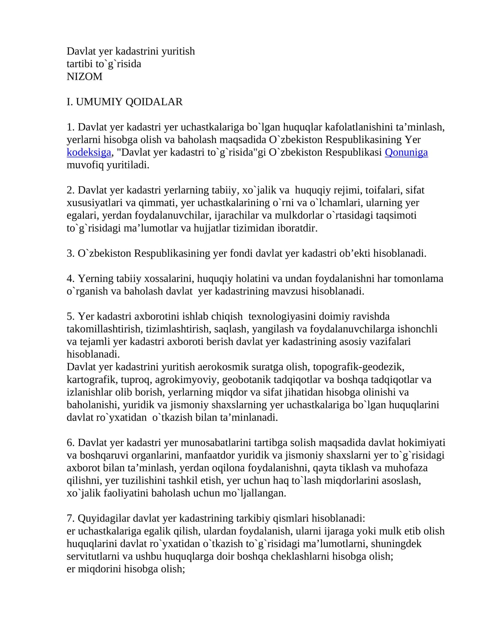 Davlat yer kadastrini yuritish tartibi to`g`risida NIZOM 1