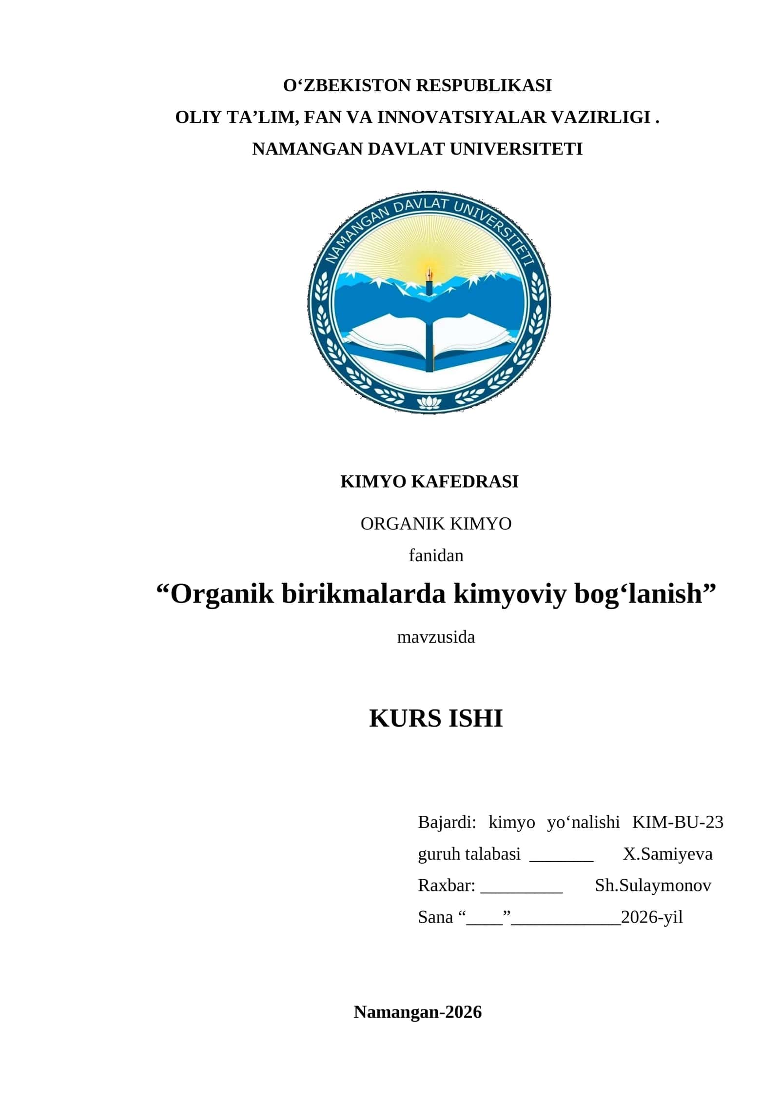 Organik birikmalarda kimyoviy bogʻlanish 1