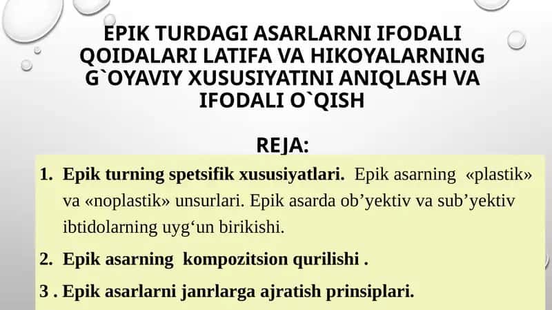 Epikturdagi asarlarni ifodaliq oidalarini tafsilatli tavsiflash va tahlil qilish 1