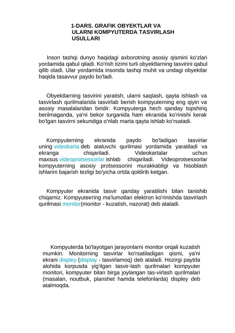 GRAFIK OBYEKTLAR VA ULARNI KOMPYUTERDA TASVİRLASH USULLARI 1