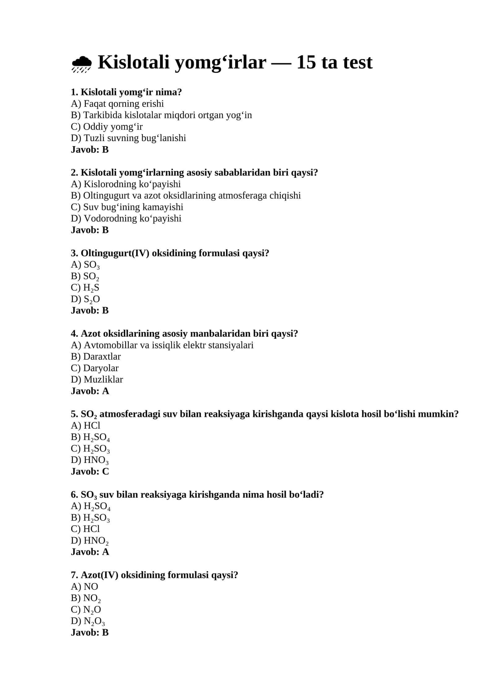 Kislotali yomg‘irlar — 15 ta test 1