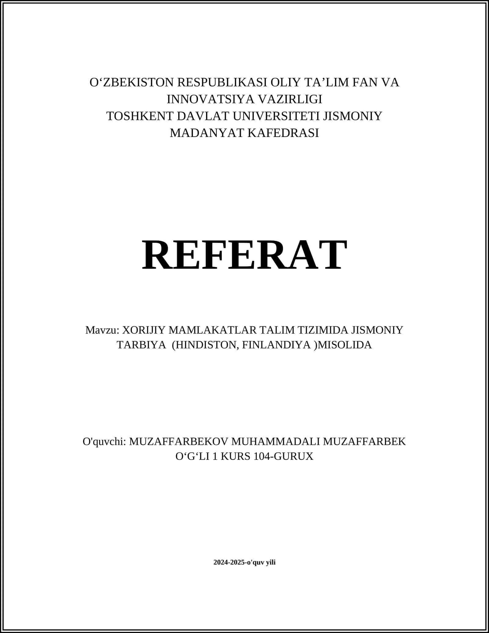 XORIJIY MAMLAKATLAR TALIM TIZIMIDA JISMONIY TARBIYA (HINDISTON, FINLANDIYA )MISOLIDA 1