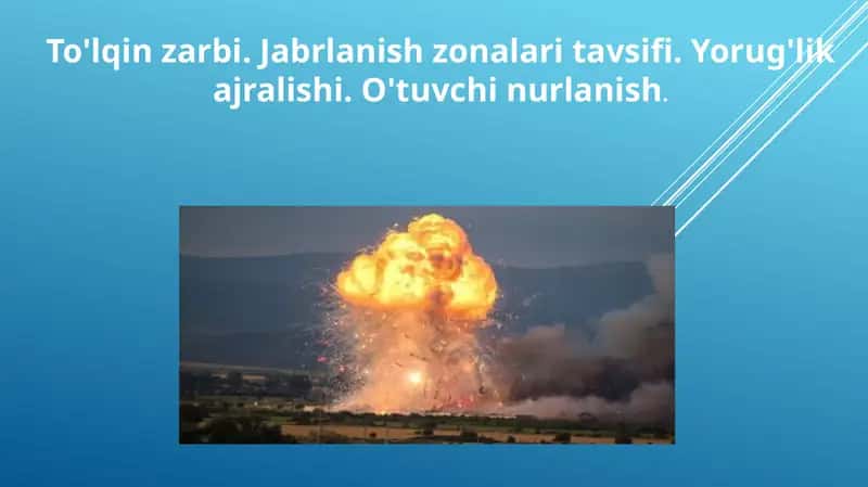 To'lqin zarbi. Jabrlanish zonalari tavsifi. Yorug'lik ajralishi. O'tuvchi nurlanish. 1