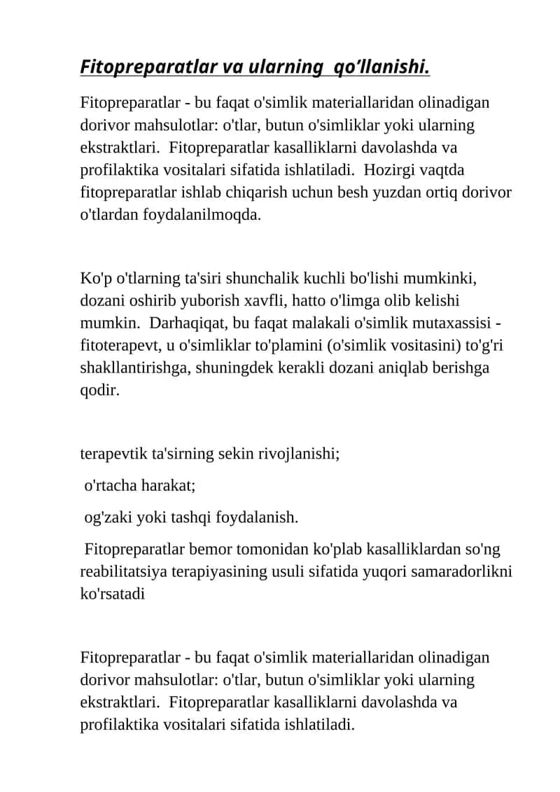 Fitopreparatlar va ularning qo’llanishi 1