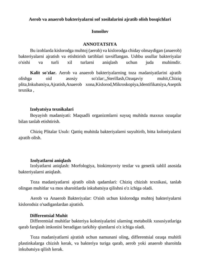 Aerob va anaerob bakteriyalarni sof xosilalarini ajratib olish bosqichlari Ismoilov 1
