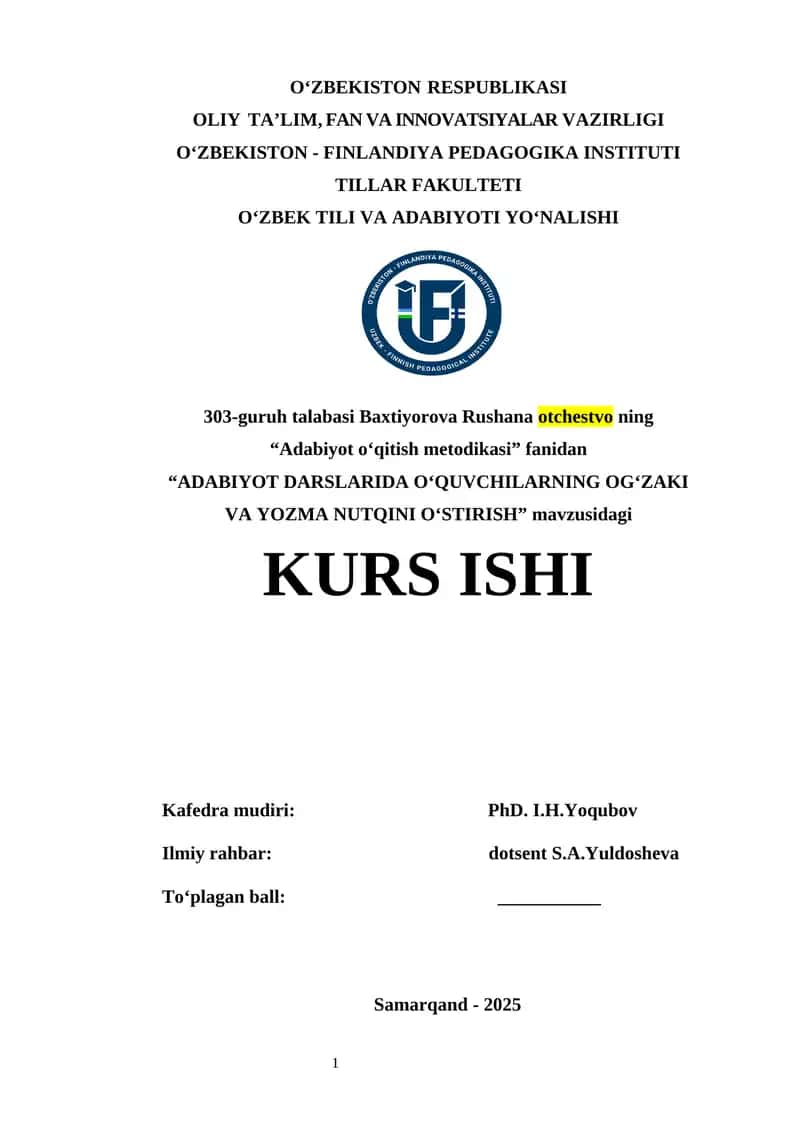 ADABIYOT DARSLARIDA O‘QUVCHILARNING OG‘ZAKI VA YOZMA NUTQINI O‘STIRISH 1