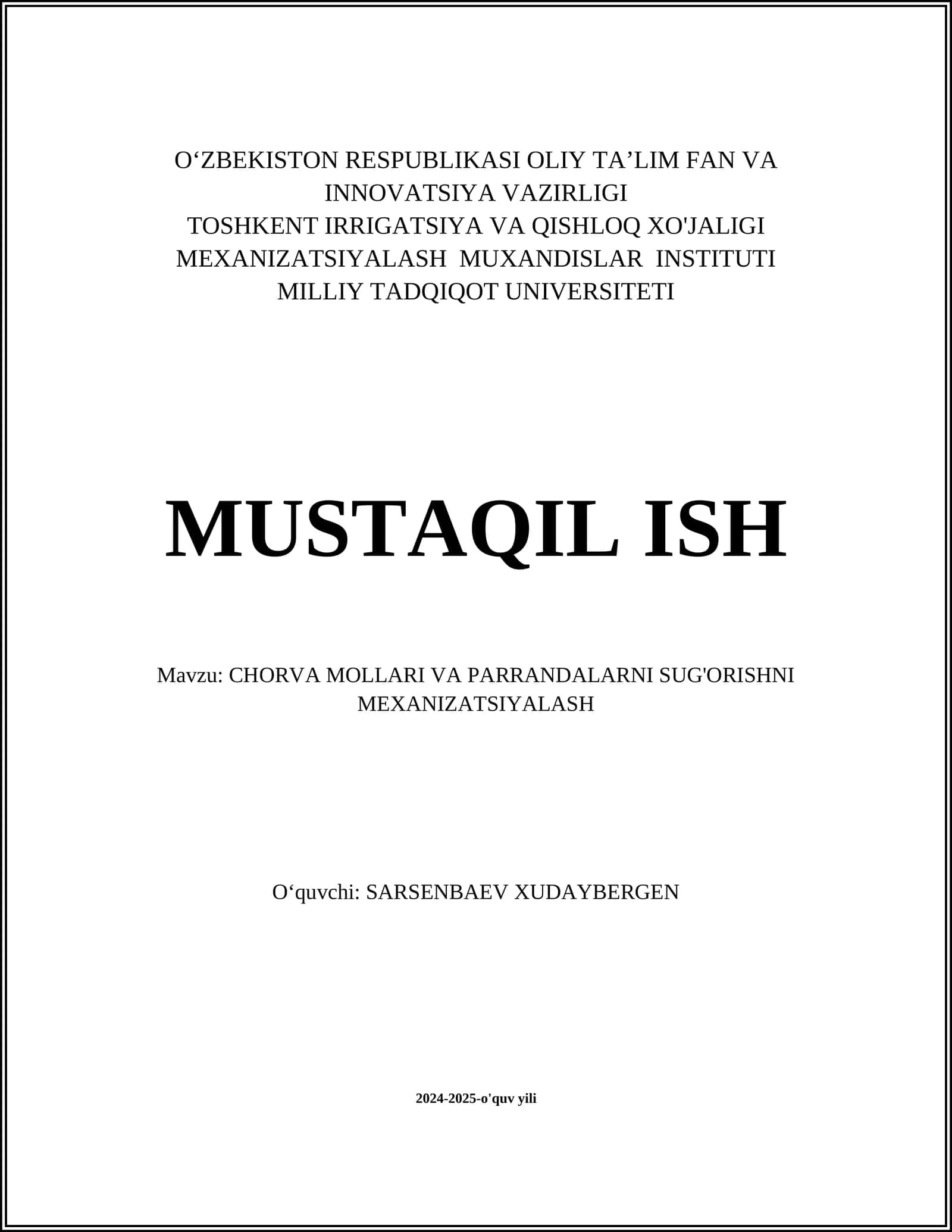 CHORVA MOLLARI VA PARRANDALARNI SUG'ORISHNI MEXANIZATSIYALASH 1