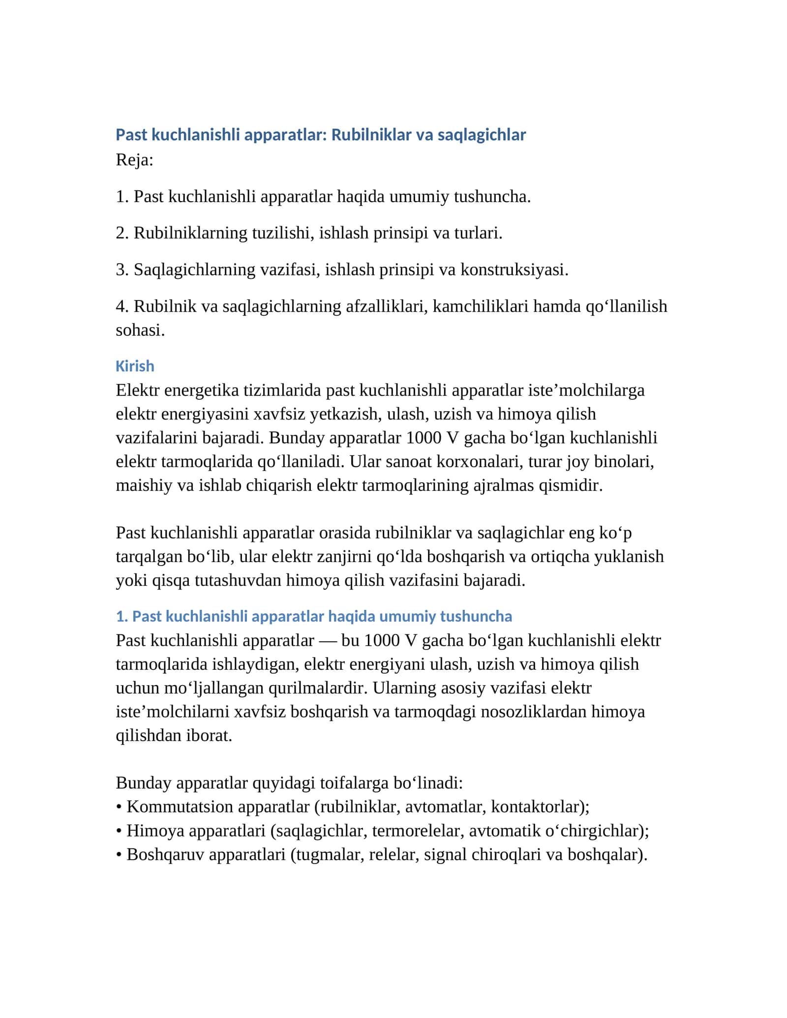 Past kuchlanishli apparatlar: Rubilniklar va saqlagichlar 1