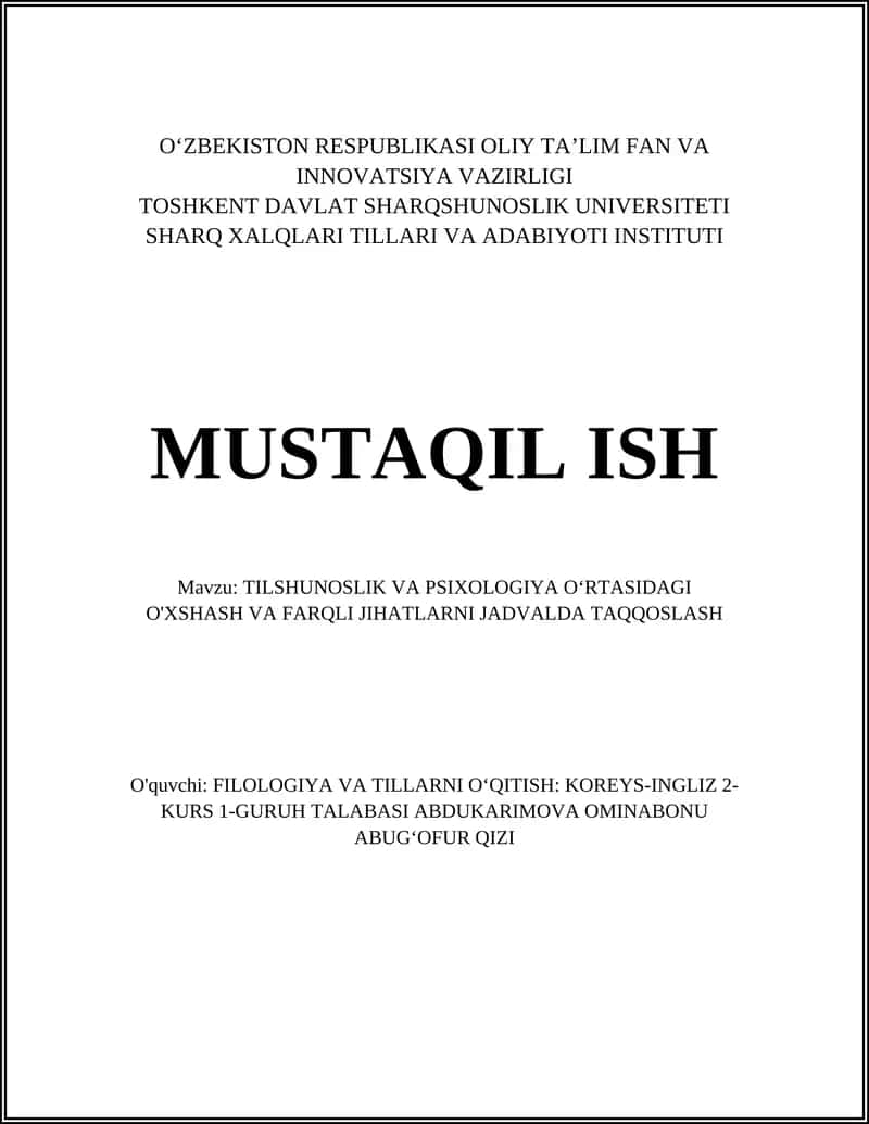 Tilshunoslik va psixologiya o'rtasidagi o'xshash va farqli jihatlarni jadvalda taqqoslash 1