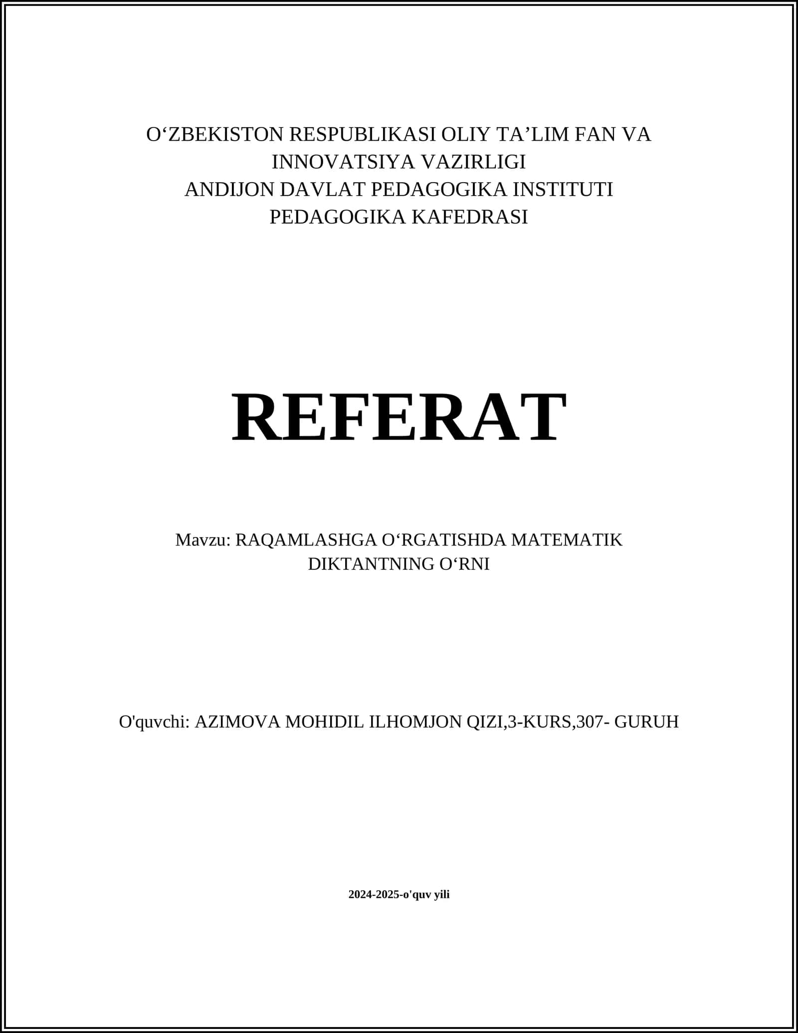 RAQAMLASHGA OʻRGATISHDA MATEMATIK DIKTANTNING OʻRNI 1