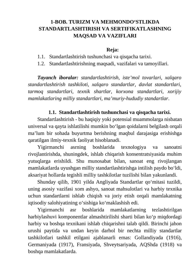 TURIZM VA MEHMONDO‘STLIKDA STANDARTLASHTIRISH VA SERTIFIKATLASHNING MAQSAD VA VAZIFLARI 1