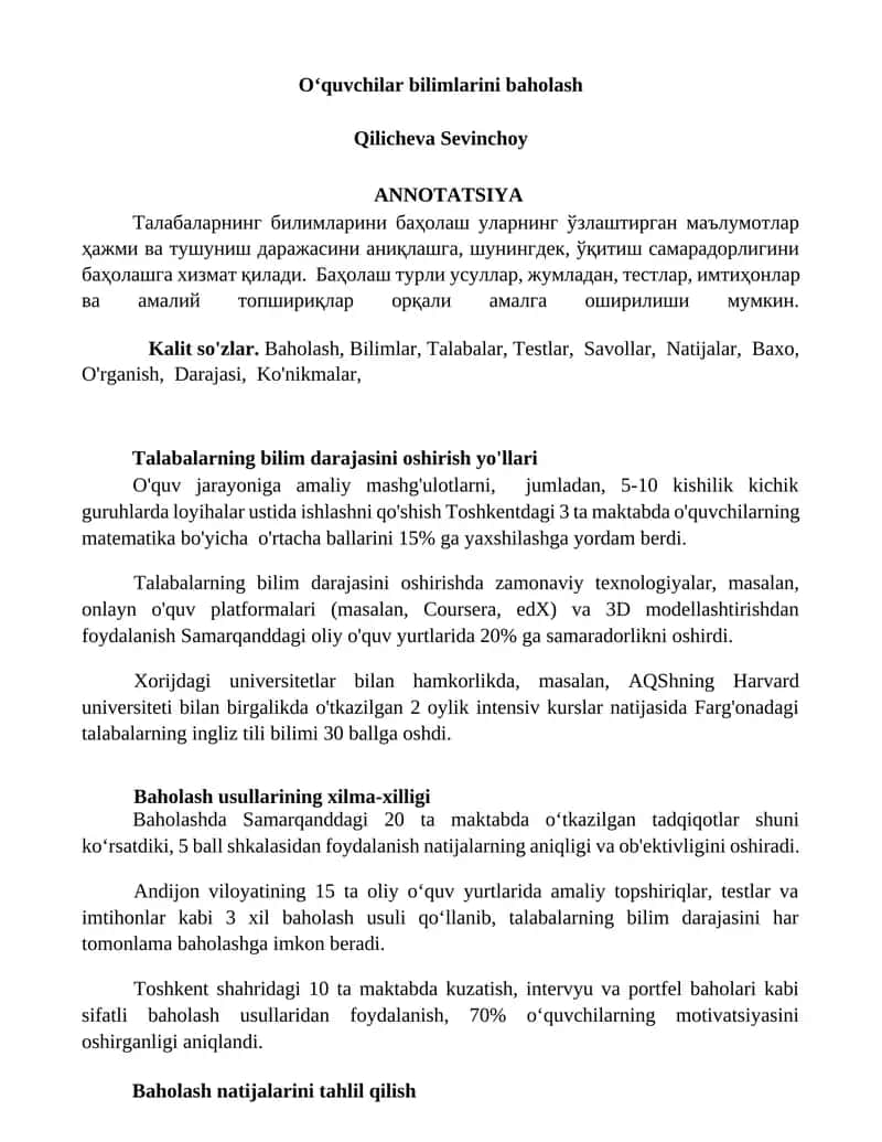 O‘quvchilar bilimlarini baholash 1