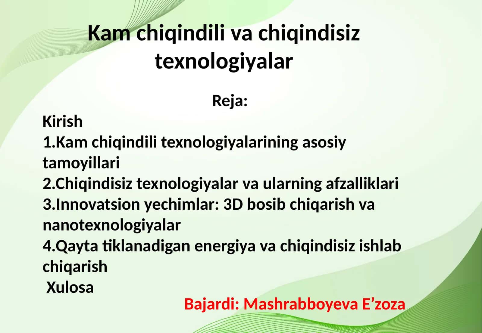 Kam chiqindili va chiqindisiz texnologiyalar 1