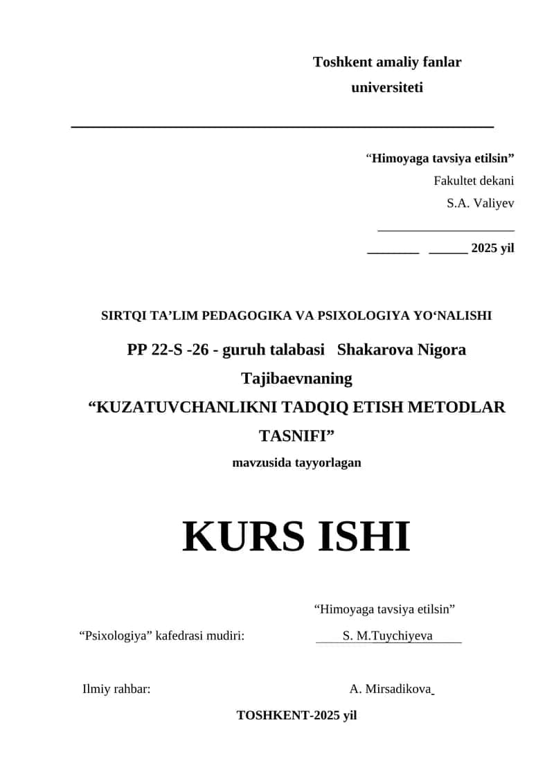 KUZATUVCHANLIKNI TADQIQ ETISH METODLAR TASNIFI 1