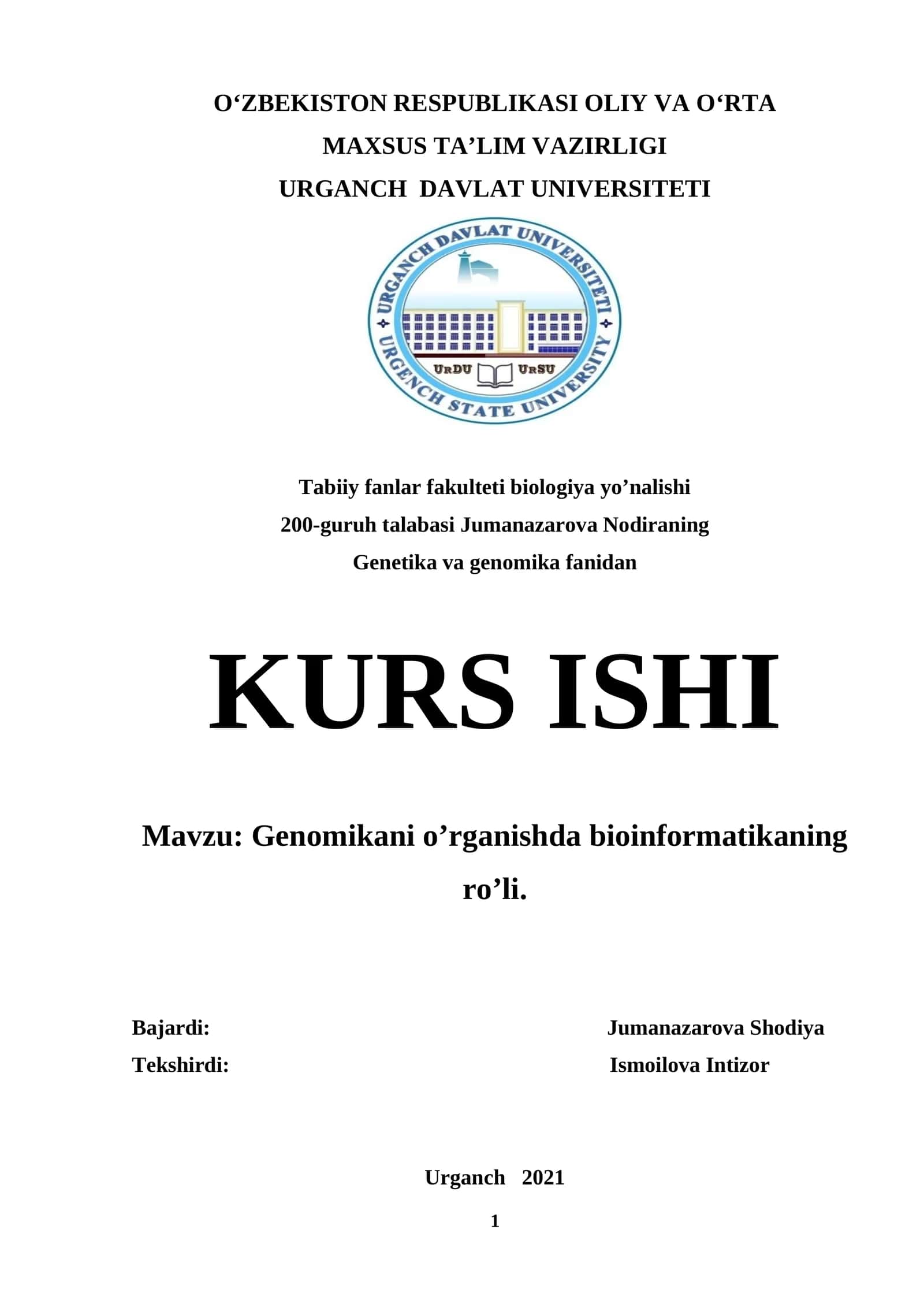 Genomikani o’rganishda bioinformatikaning ro’li 1