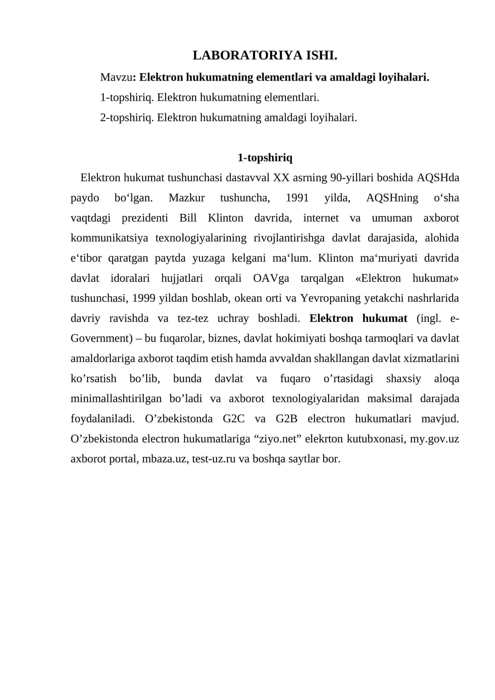 Elektron hukumatning elementlari va amaldagi loyihalari 1