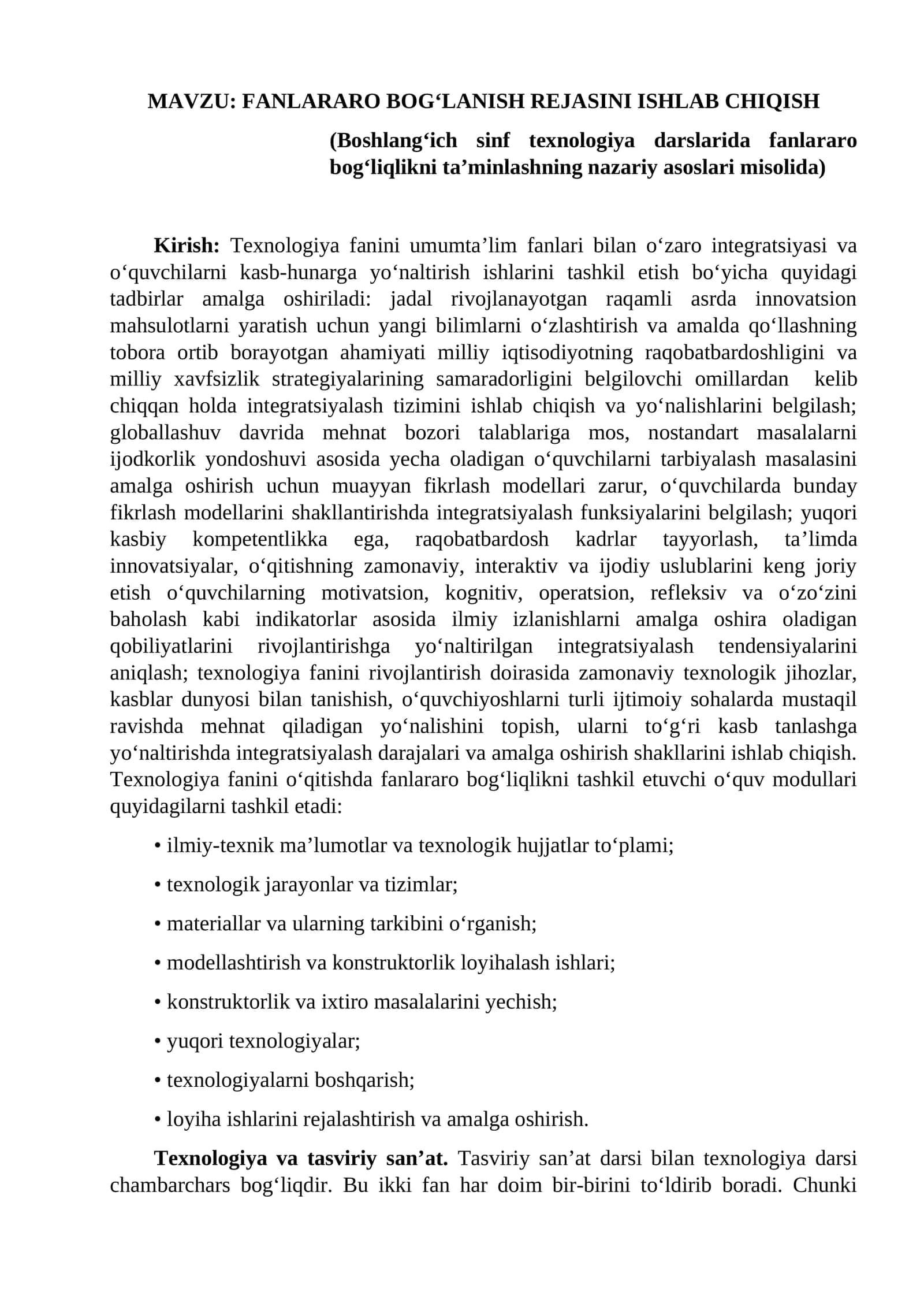FANLARARO BOG‘LANISH REJASINI ISHLAB CHIQISH 1