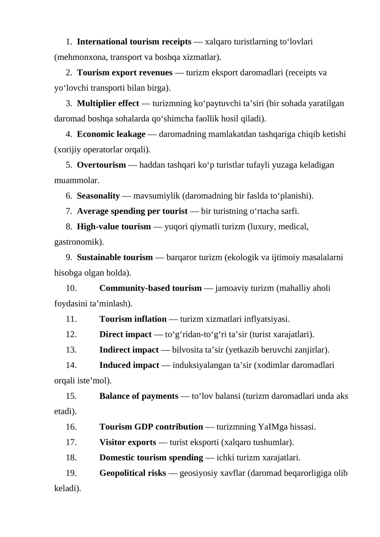 International tourism receipts — xalqaro turistlarning to‘lovlari (mehmonxona, transport va boshqa xizmatlar) 1