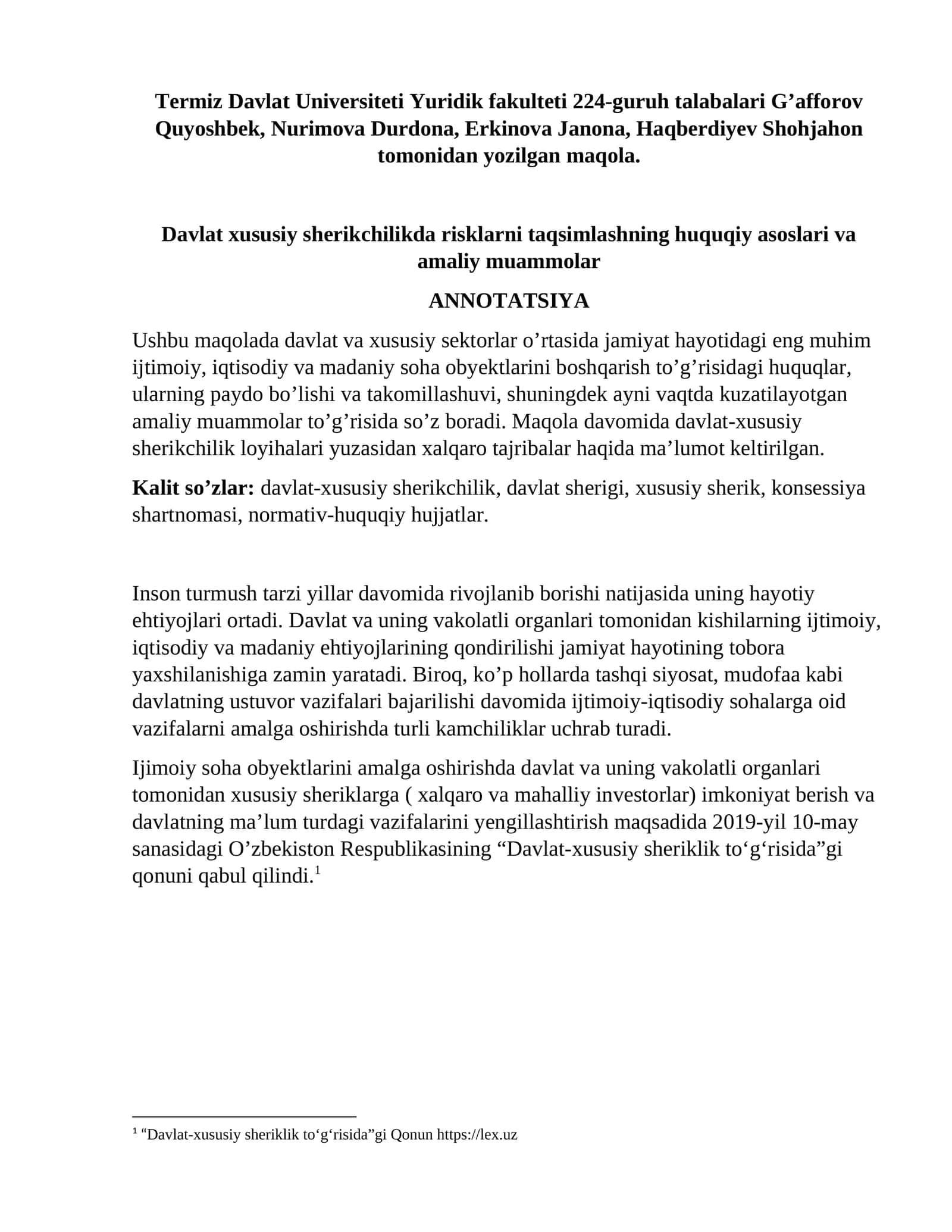 Davlat xususiy sherikchilikda risklarni taqsimlashning huquqiy asoslari va amaliy muammolar 1