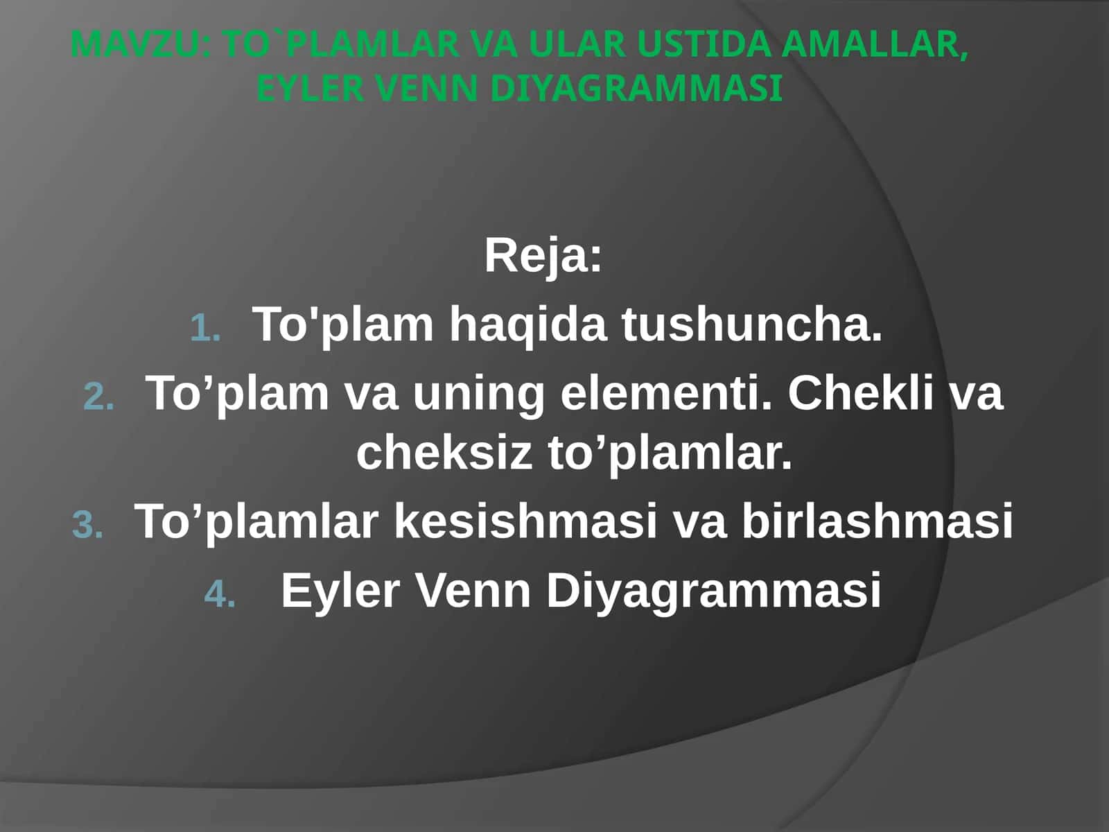 To`plamlar va ular ustida amallar, Eyler Venn diagrammasi 1