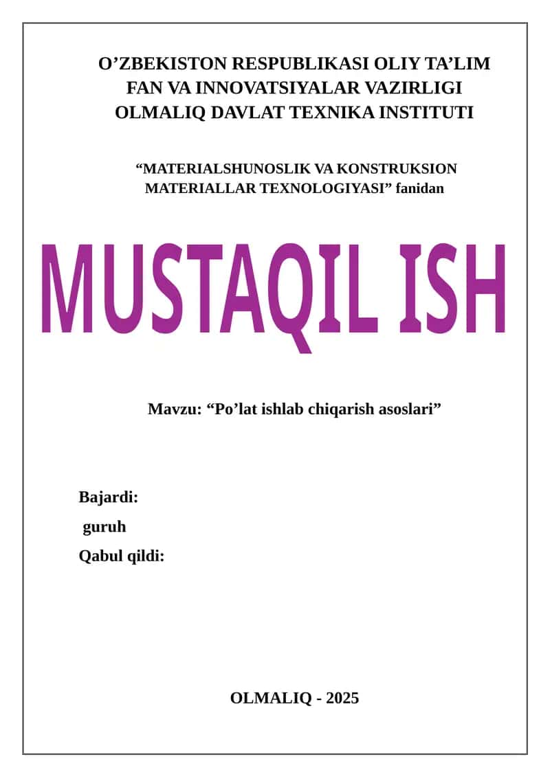 Po‘lat Ishlab Chiqarish Asoslari 1