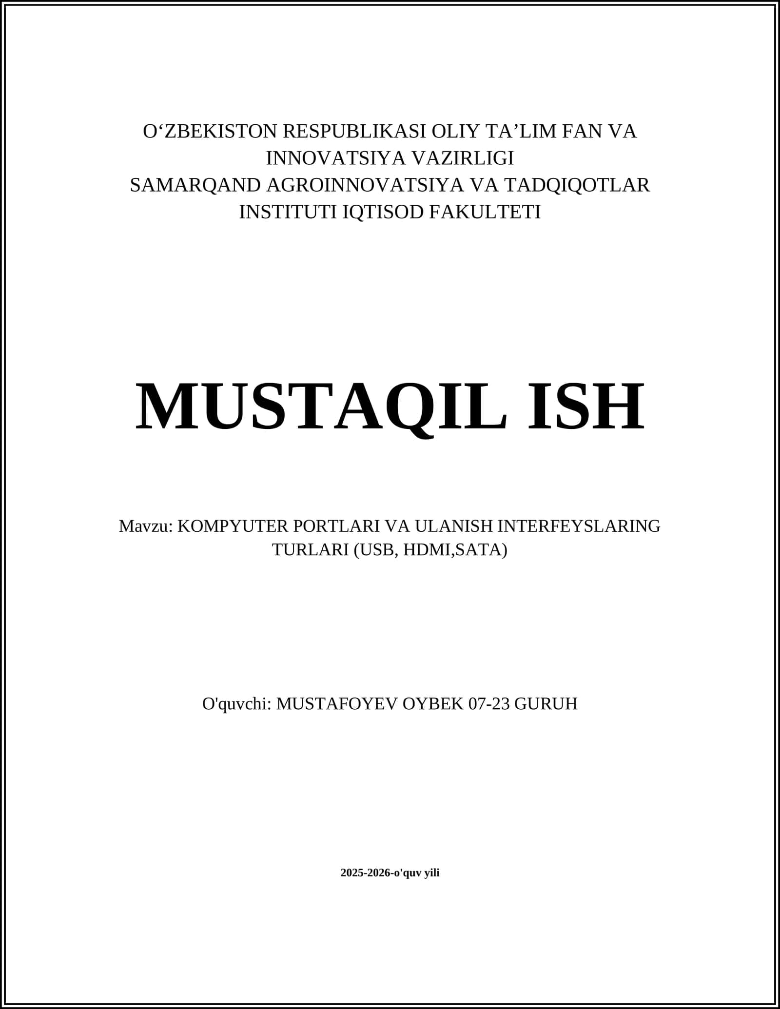 KOMPYUTER PORTLARI VA ULANISH INTERFEYSLARING TURLARI (USB, HDMI,SATA) 1