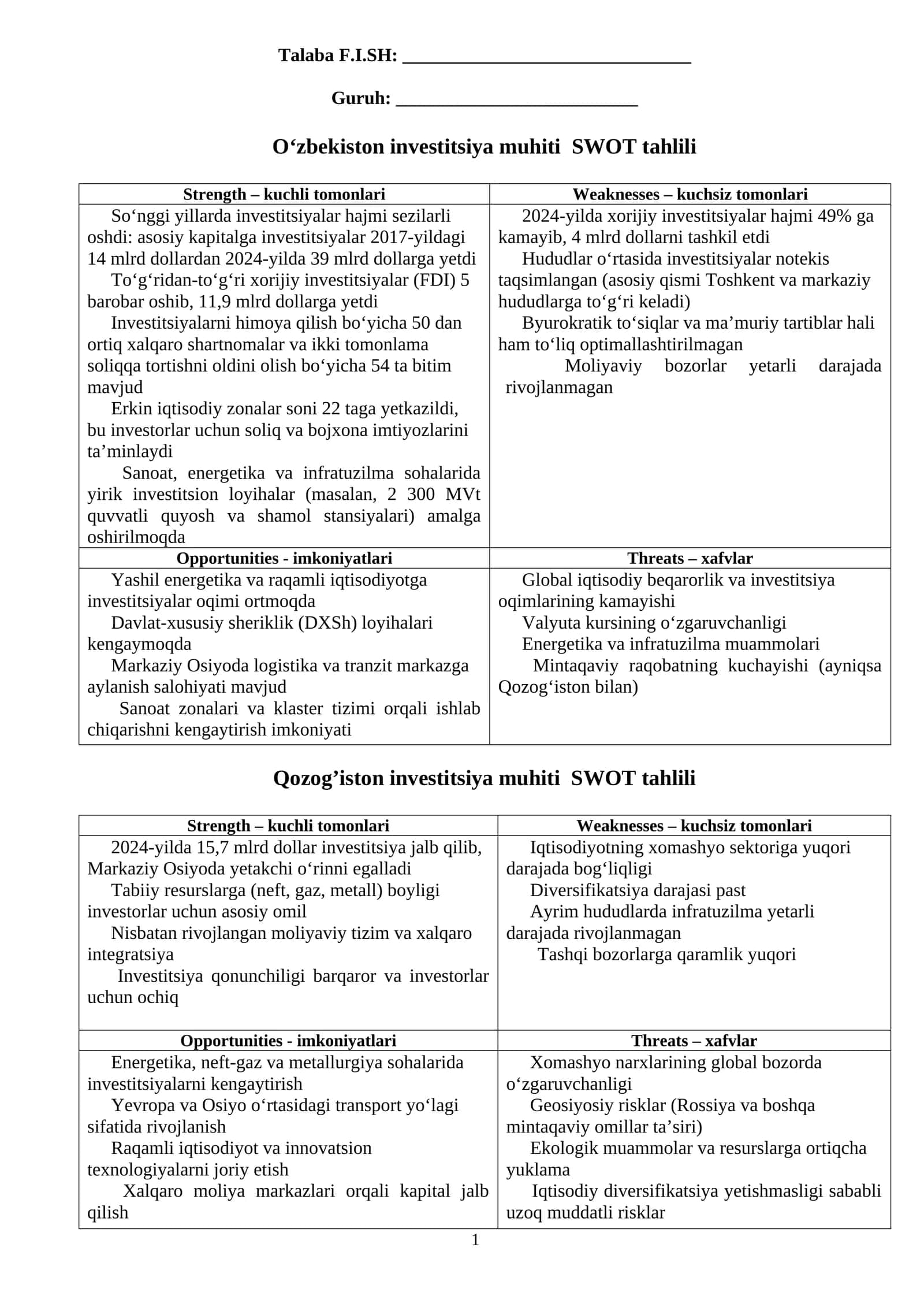 O‘zbekiston va Qozog’iston investitsiya muhiti  SWOT tahlili 1