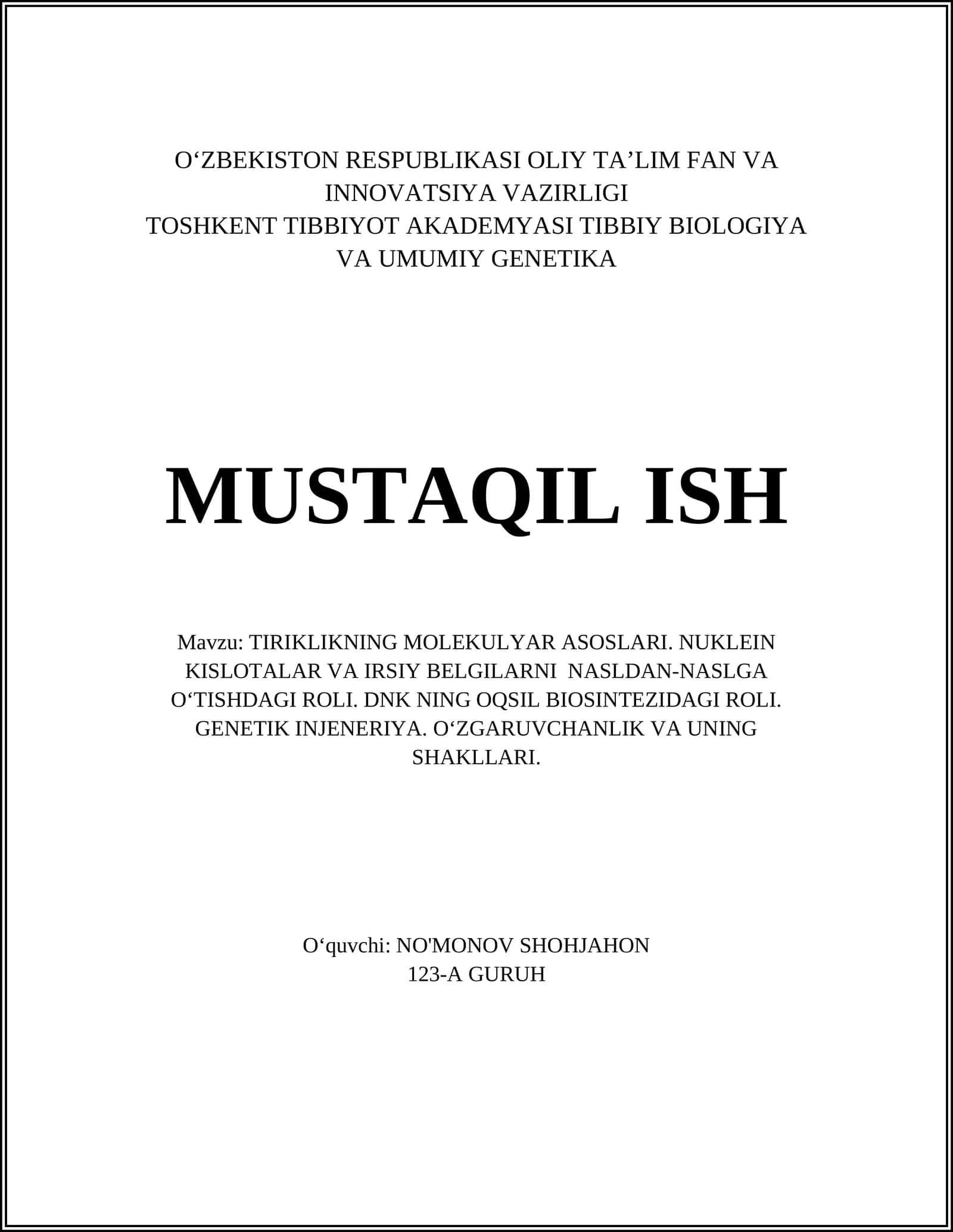 TIRIKLIKNING MOLEKULYAR ASOSLARI 1