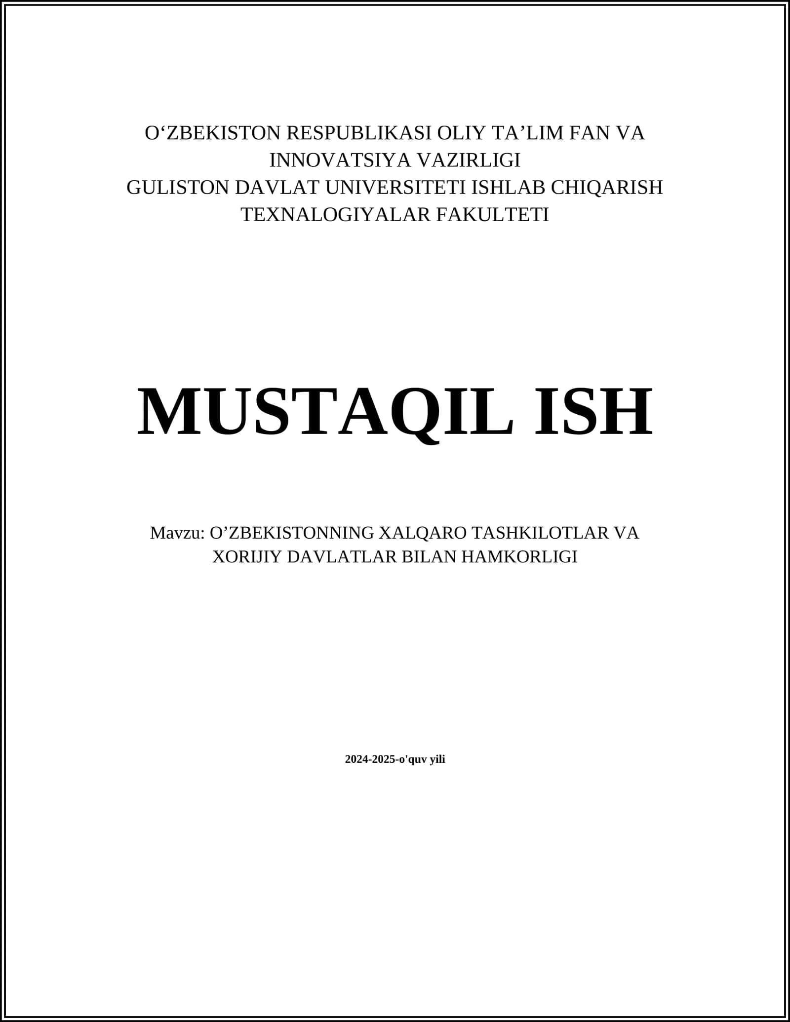 O’ZBEKISTONNING XALQARO TASHKILOTLAR VA XORIJIY DAVLATLAR BILAN HAMKORLIGI 1