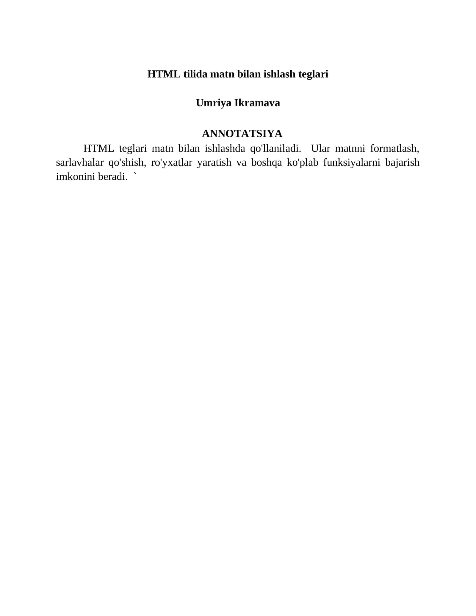 HTML tilida matn bilan ishlash teglari 1