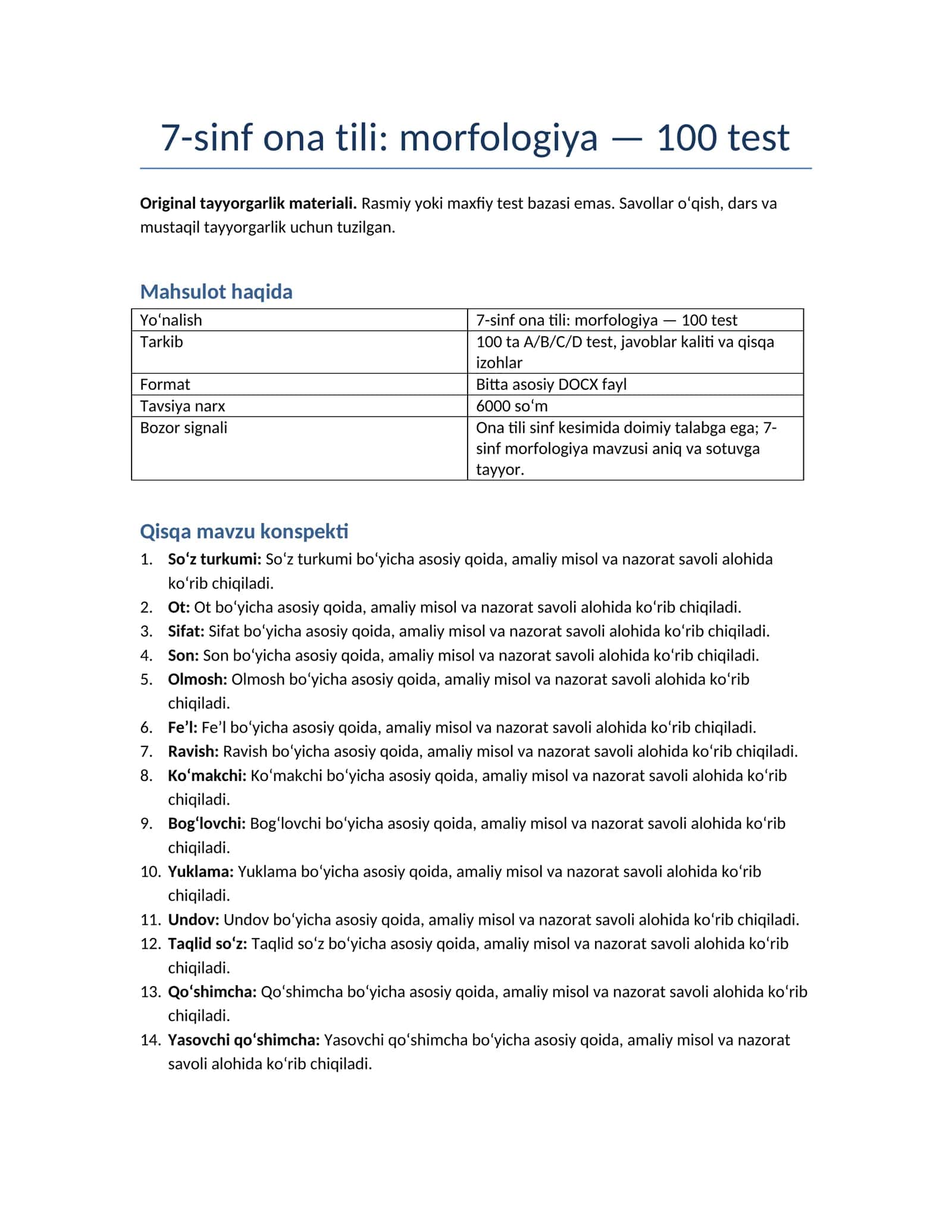 7-sinf ona tili: morfologiya — 100 test 1