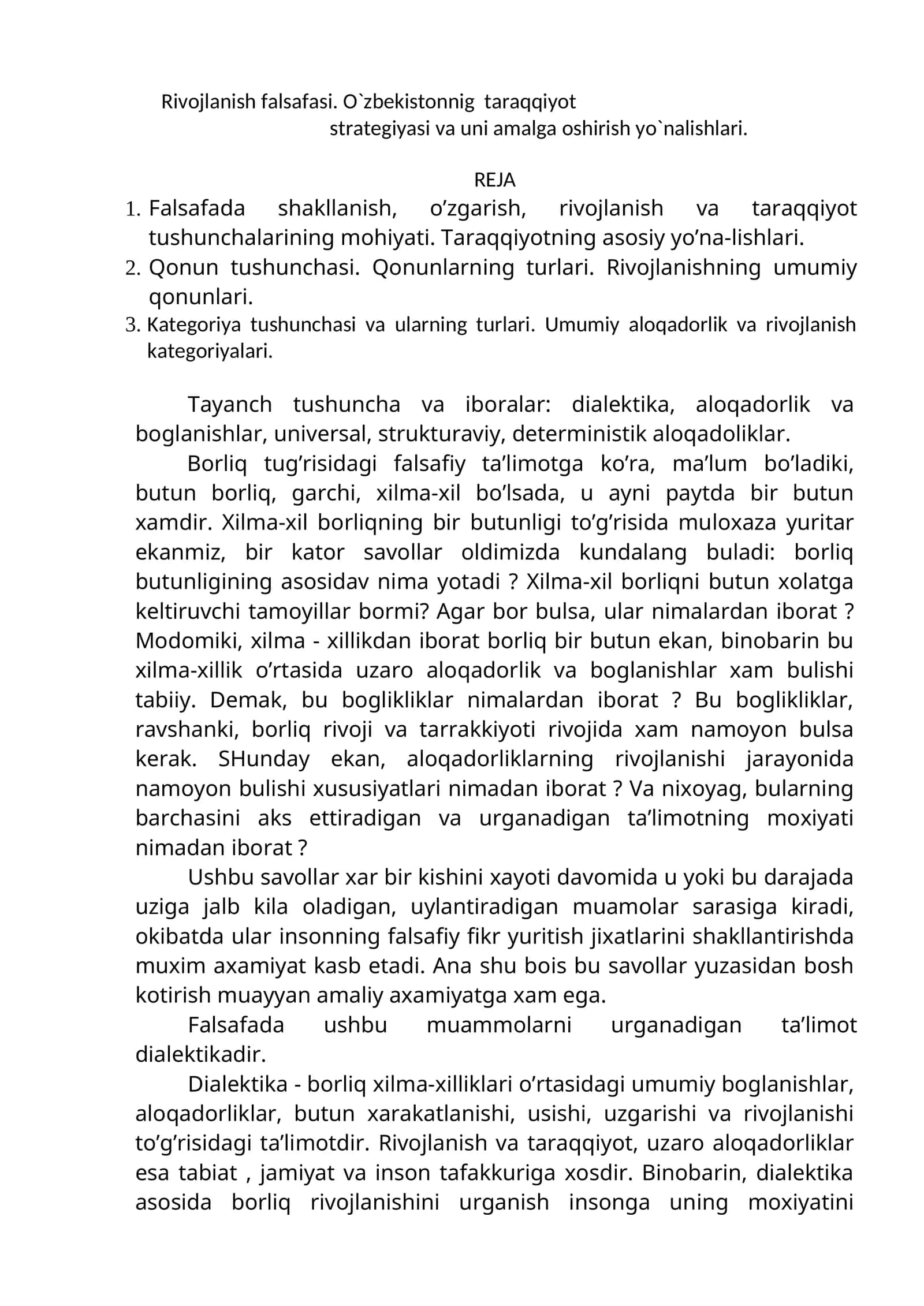 Rivojlanish falsafasi. O`zbekistonnig taraqqiyot strategiyasi 1